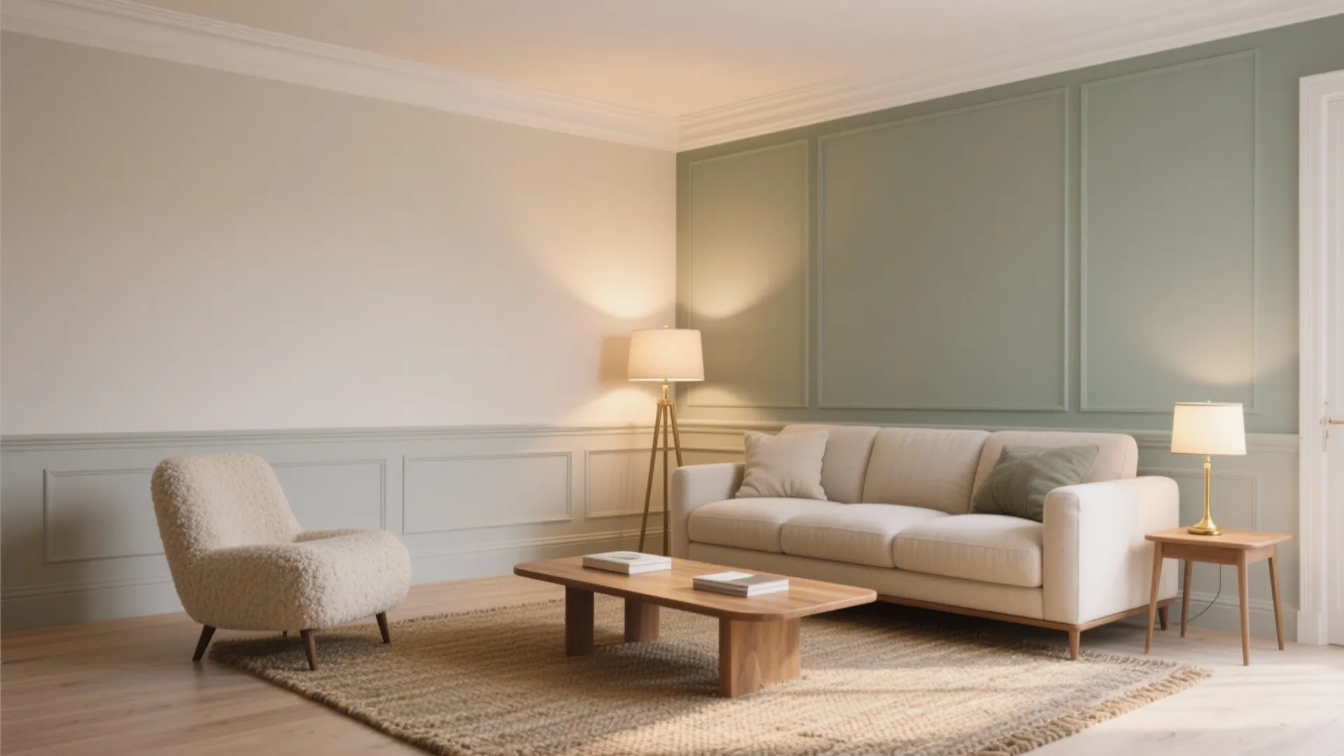 Interior design drawing of living room with green wall panels sofa and soft warm lighting