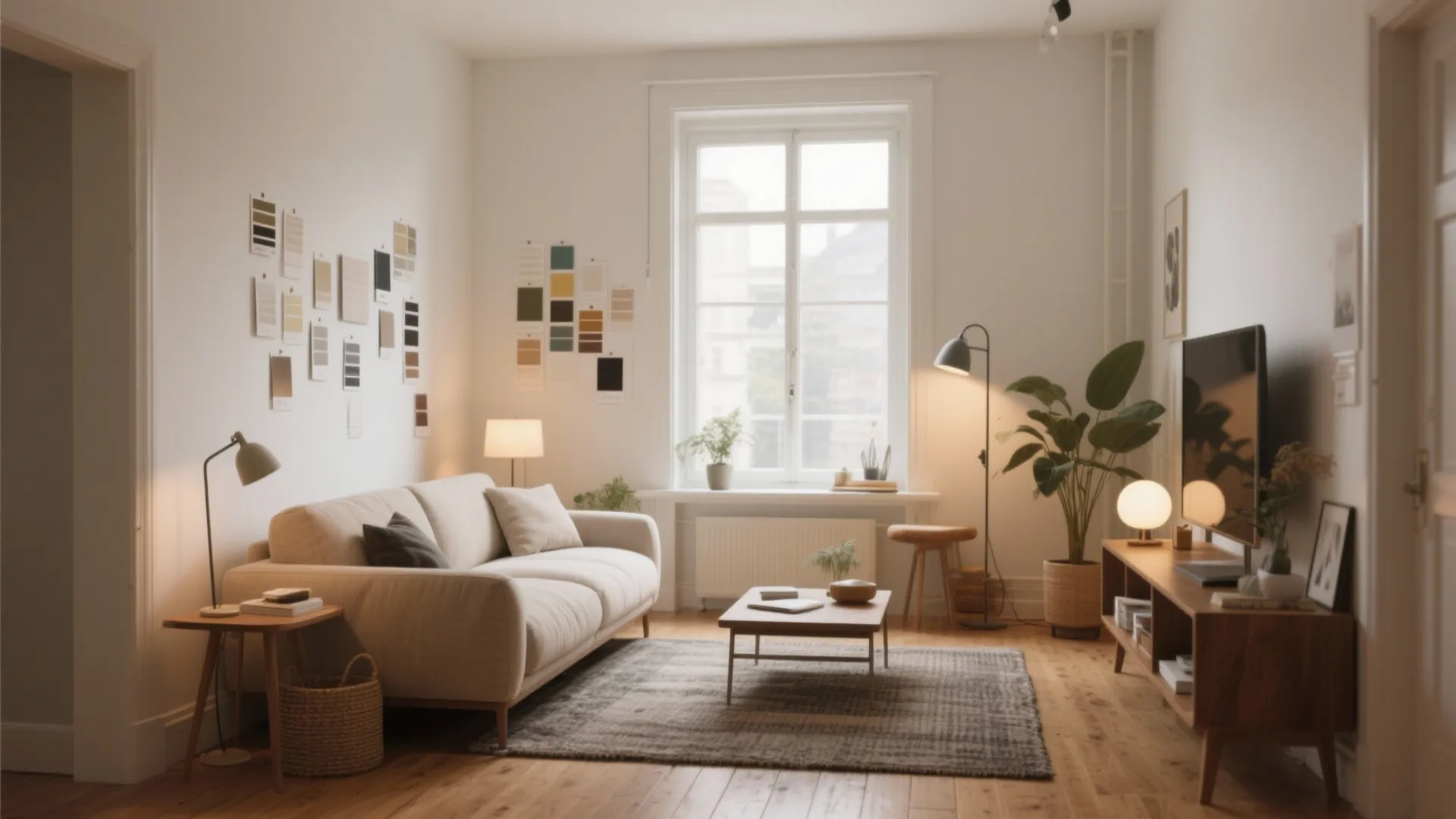 Modern living room with beige sofa wooden coffee table floor lamps wall art and green plants