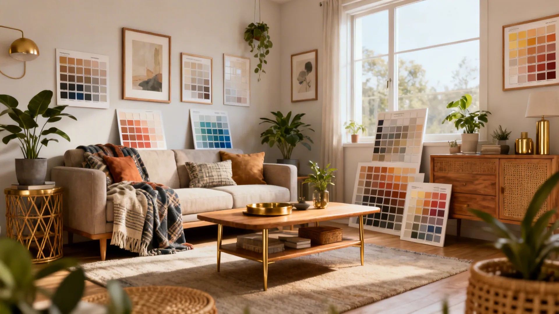 Bright living room with sofa, coffee table, green plants, and color swatch cards on walls