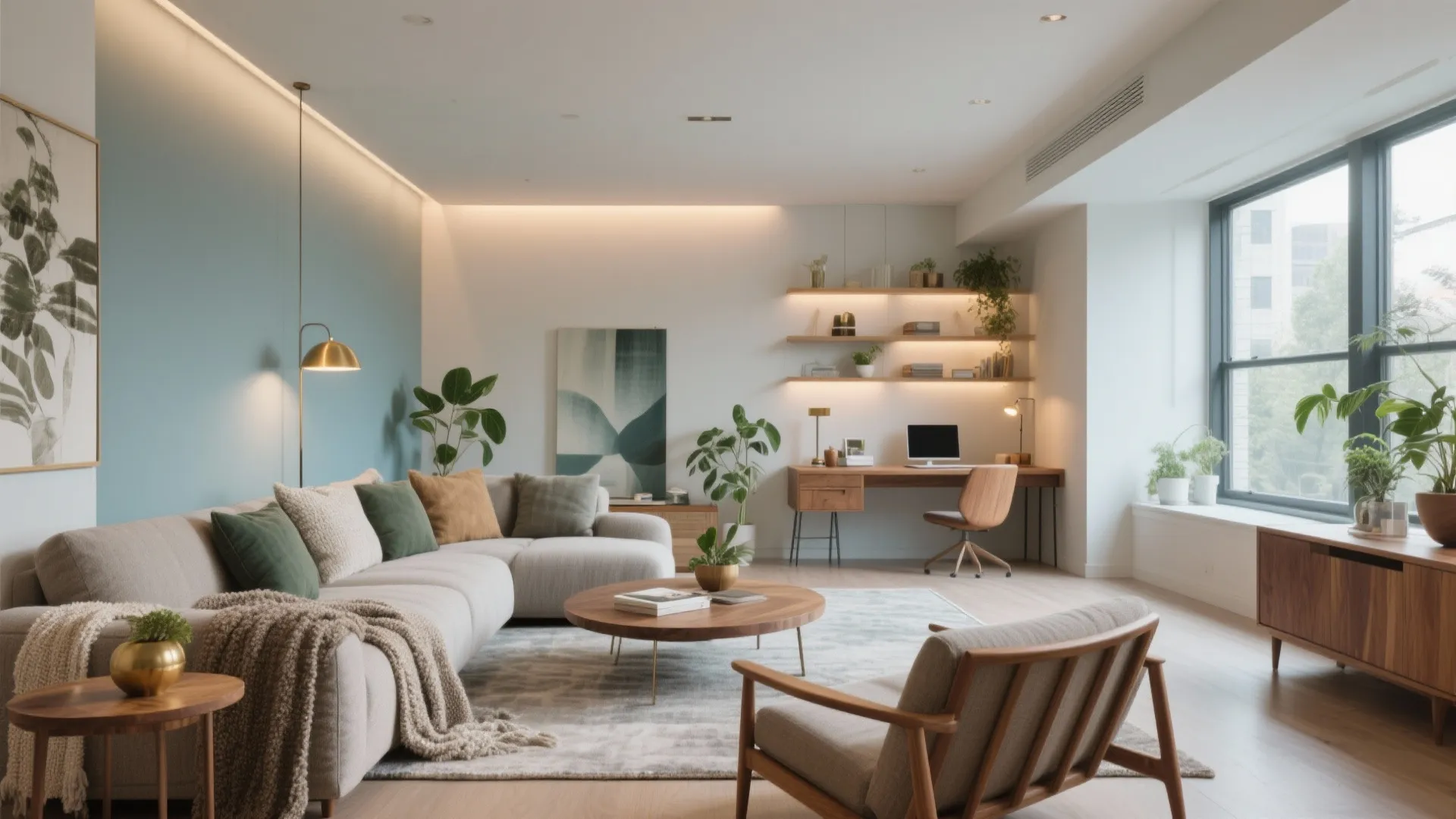 Modern living room with grey sofa wooden coffee table blue wall and home office workspace desk