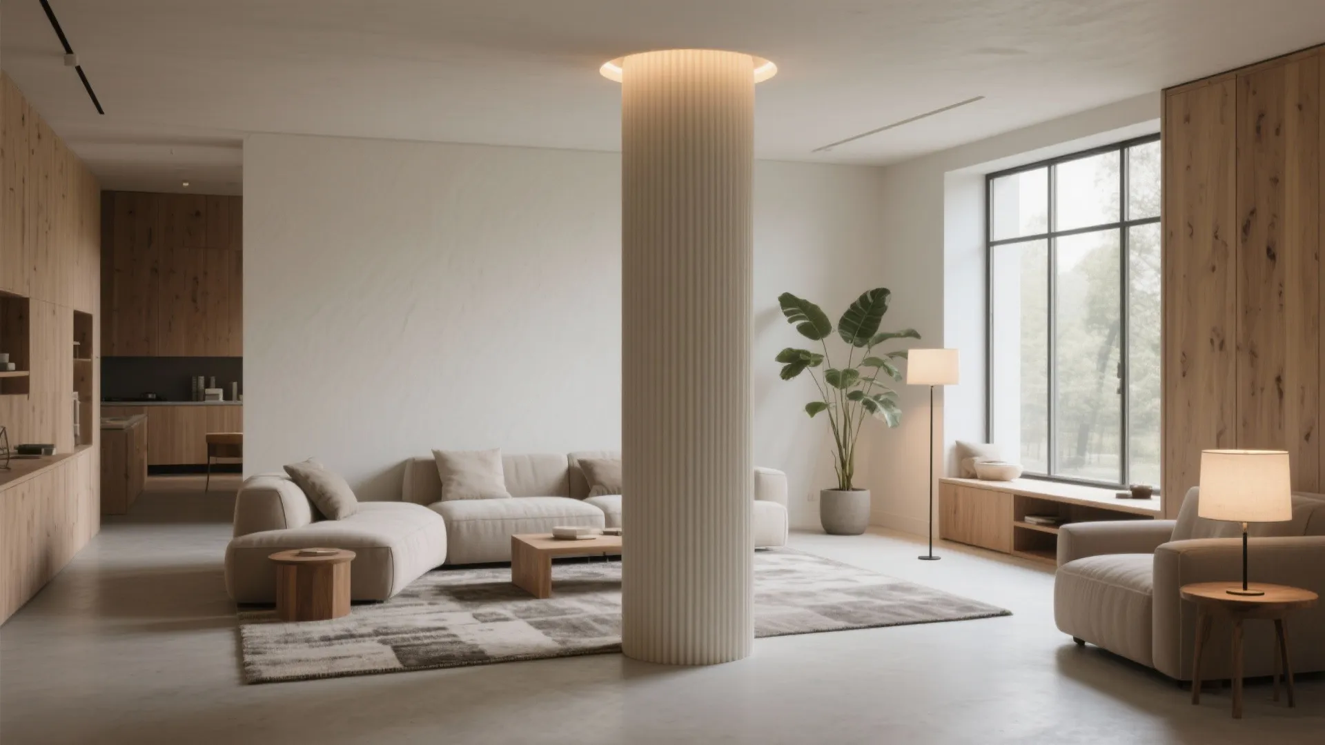 Interior design drawing of living room with central lighted column beige sofa and wooden cabinets