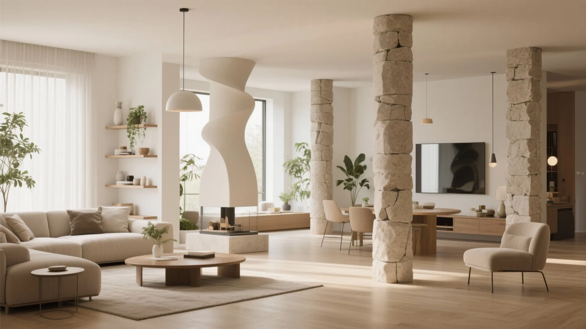 Modern living room with stone pillars a white sofa wood coffee table and a fireplace