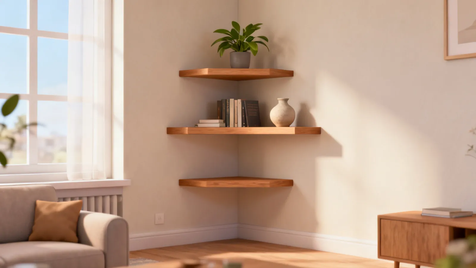 Minimal living room corner with floating shelves holding plants and books