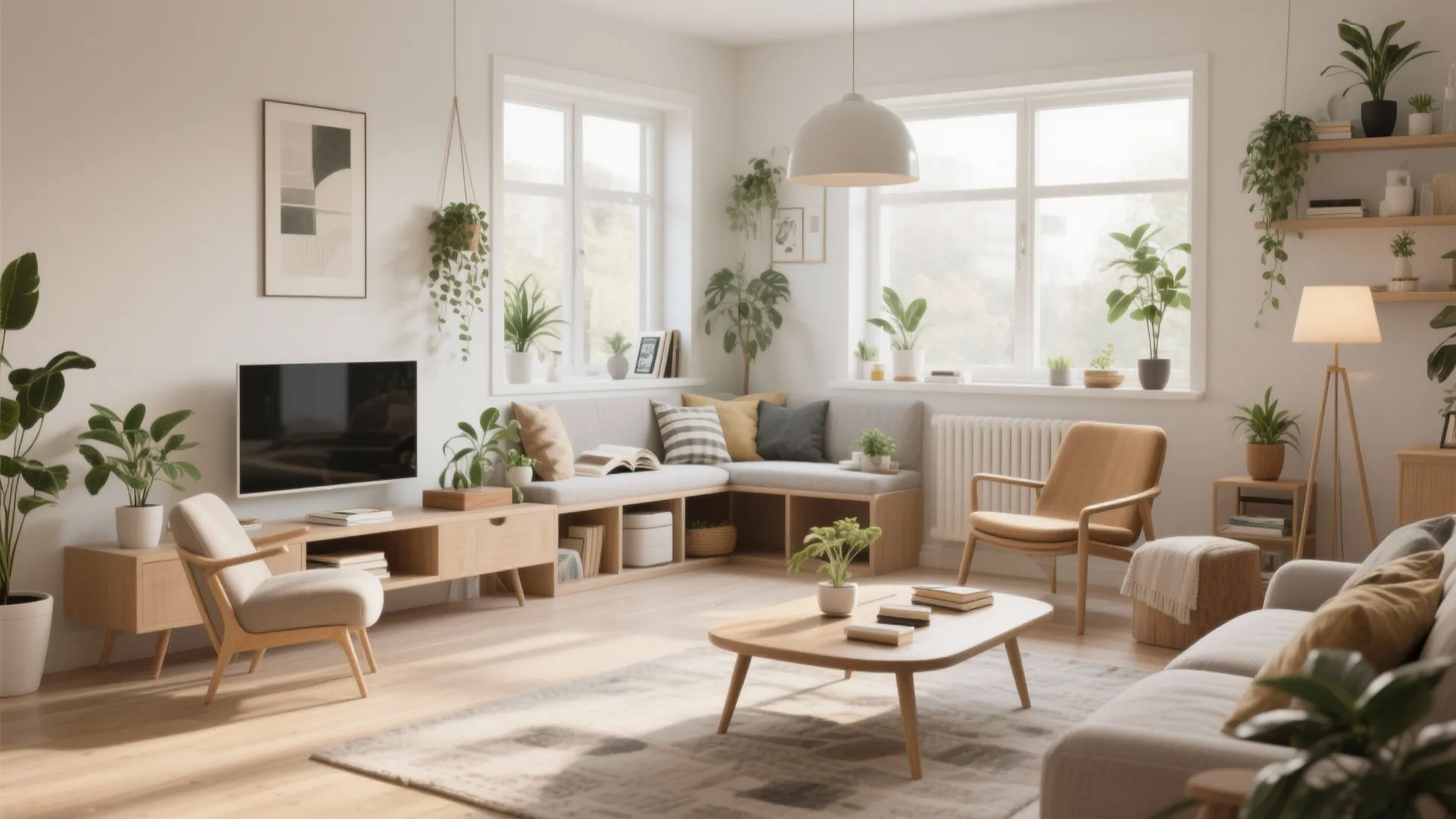 Bright living room with corner bench seating wooden coffee table green plants and large windows