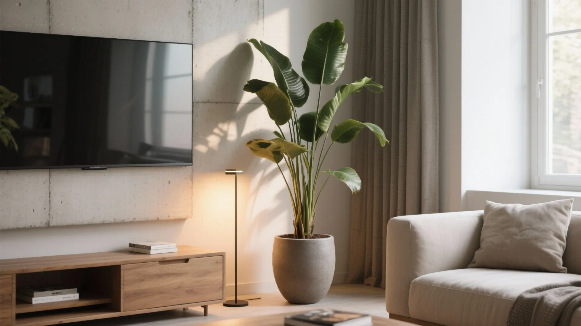 Modern living room corner with large green plant wooden cabinet television sofa and natural light