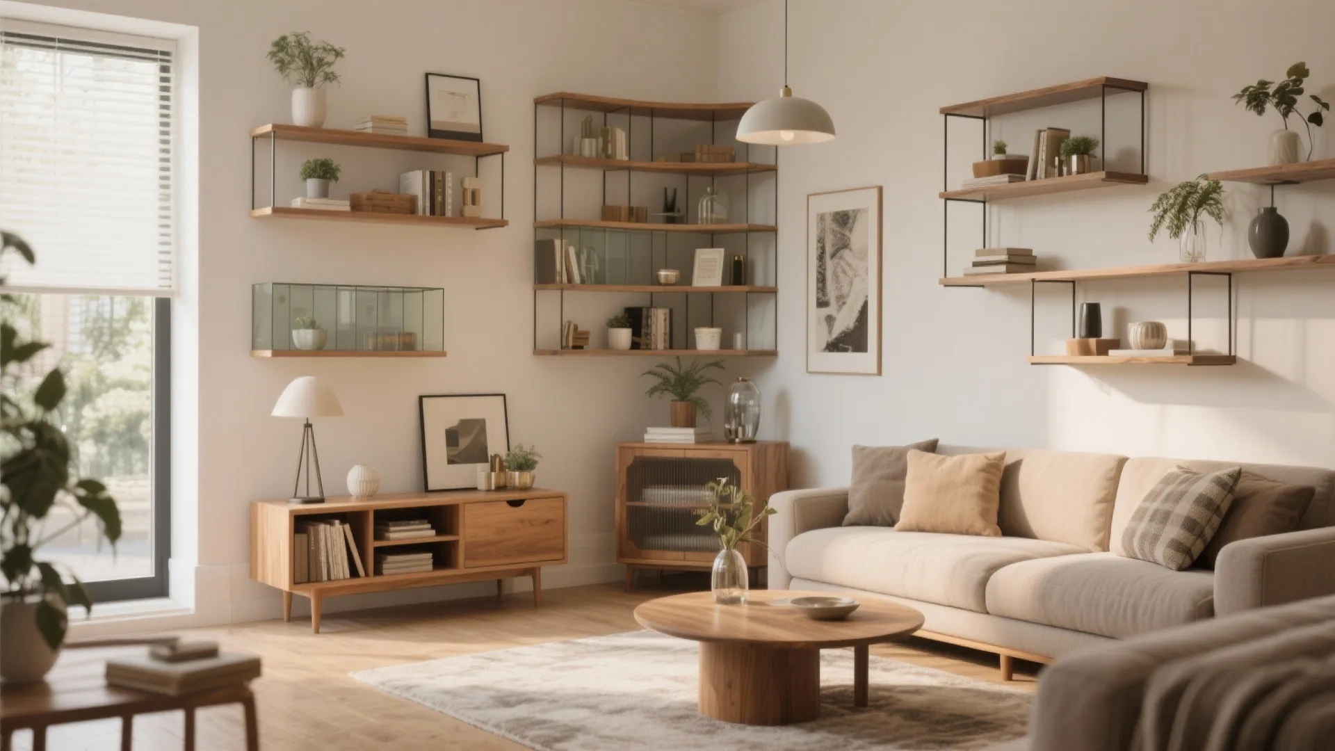Bright living room featuring wooden wall shelves and a beige sofa with a round table