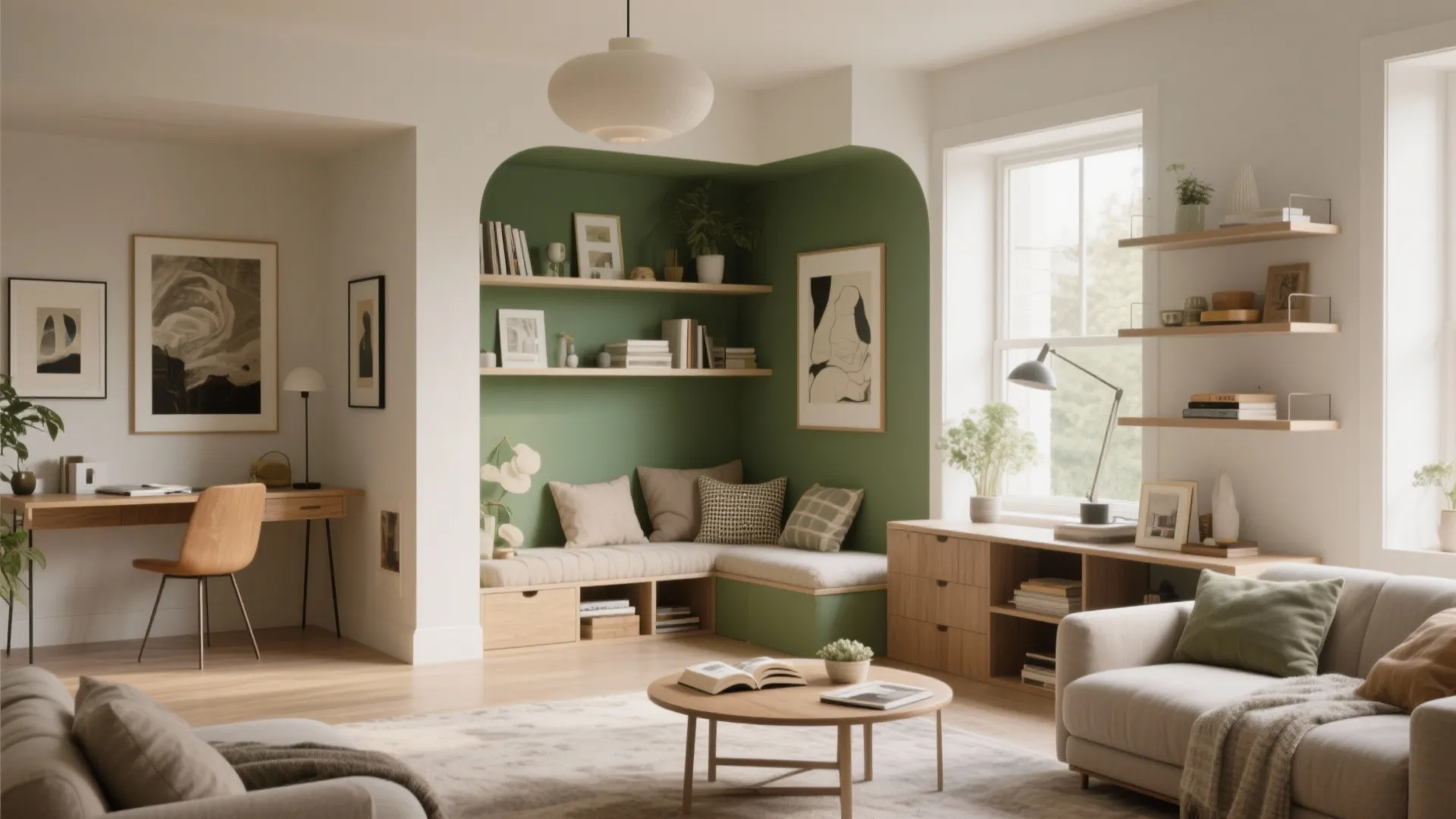 Living room with green wall nook featuring a built in bench and wooden desk area