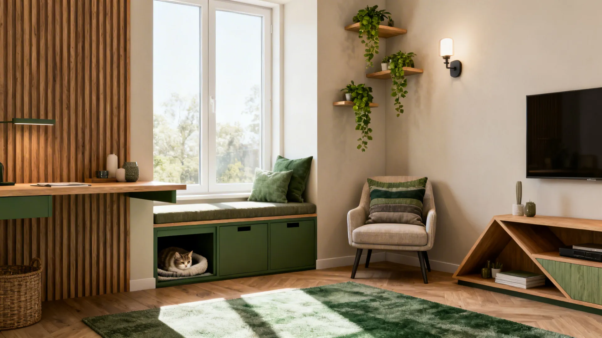 Modern living room corner featuring green storage bench, sleeping cat, armchair, wall shelves and window