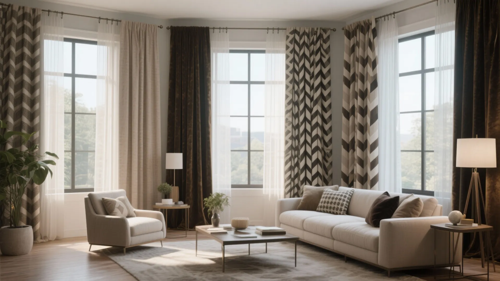 Spacious living room showing brown and chevron patterned curtains over windows white sofa and armchair