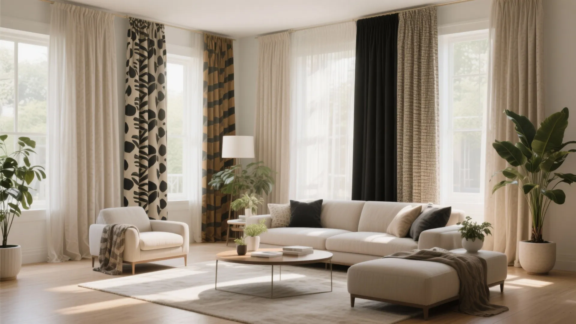 Bright living room with patterned curtains white sofa round coffee table footrest and green plants