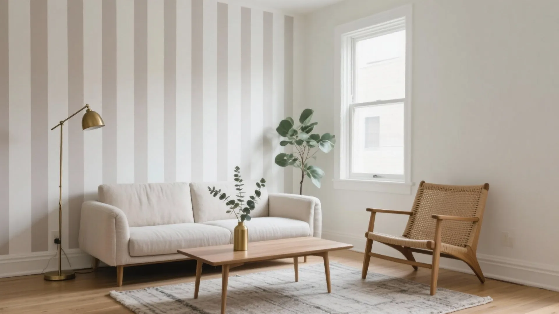 Minimalist living room featuring striped wall white sofa wooden coffee table and gold floor lamp