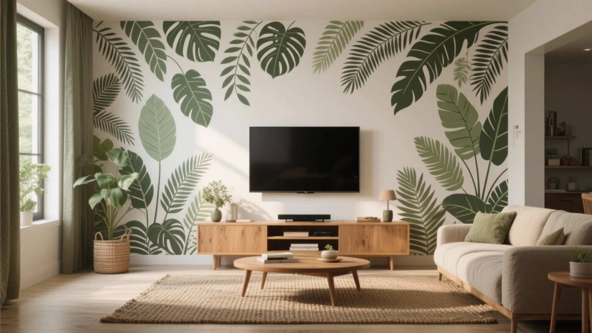 Living room with green leaf wall decals wooden tv cabinet sofa round coffee table and rug