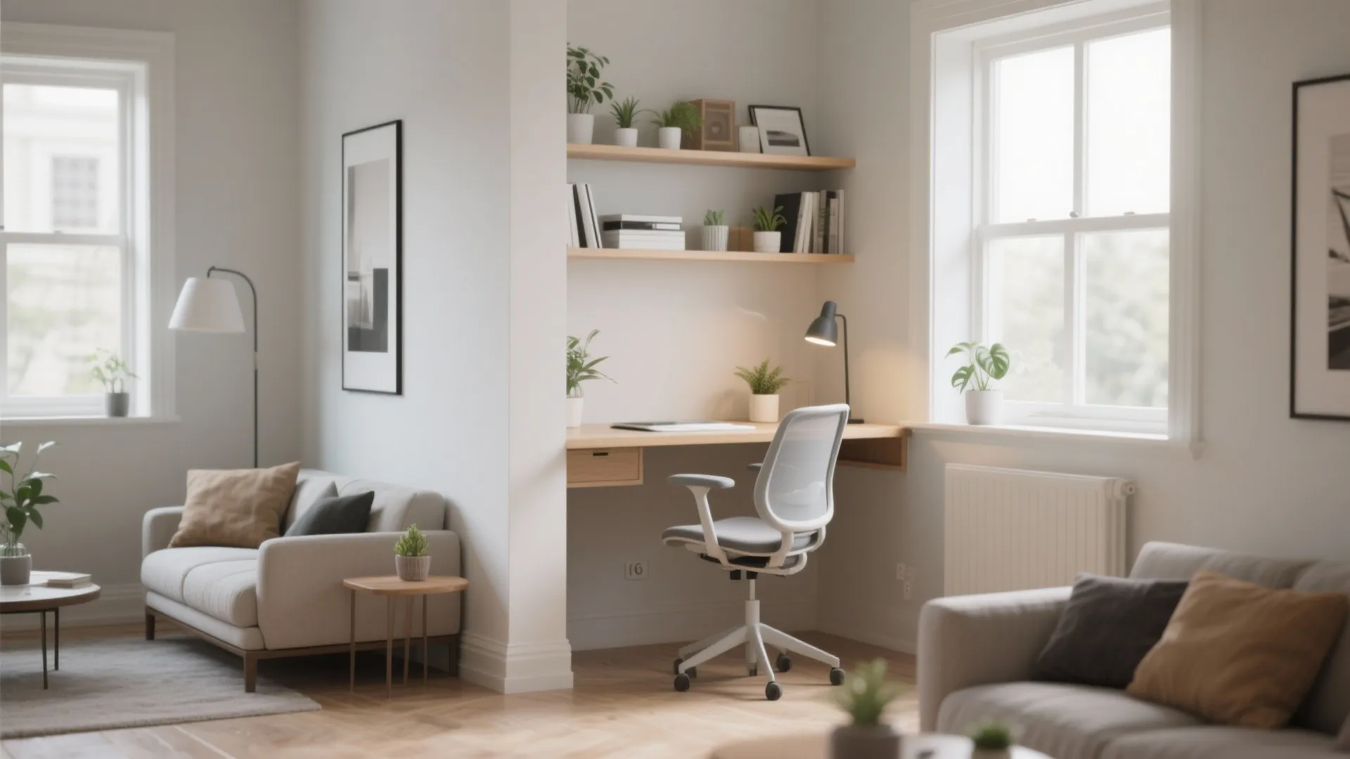 Bright living room corner featuring a small wooden desk white office chair and wall shelves