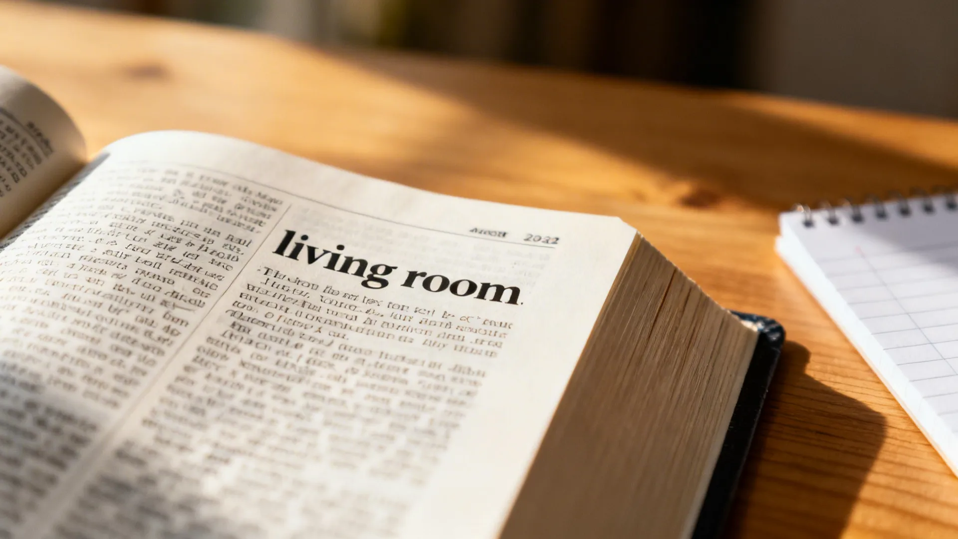 Open dictionary showing the entry for "living room" beside a handwritten notepad.