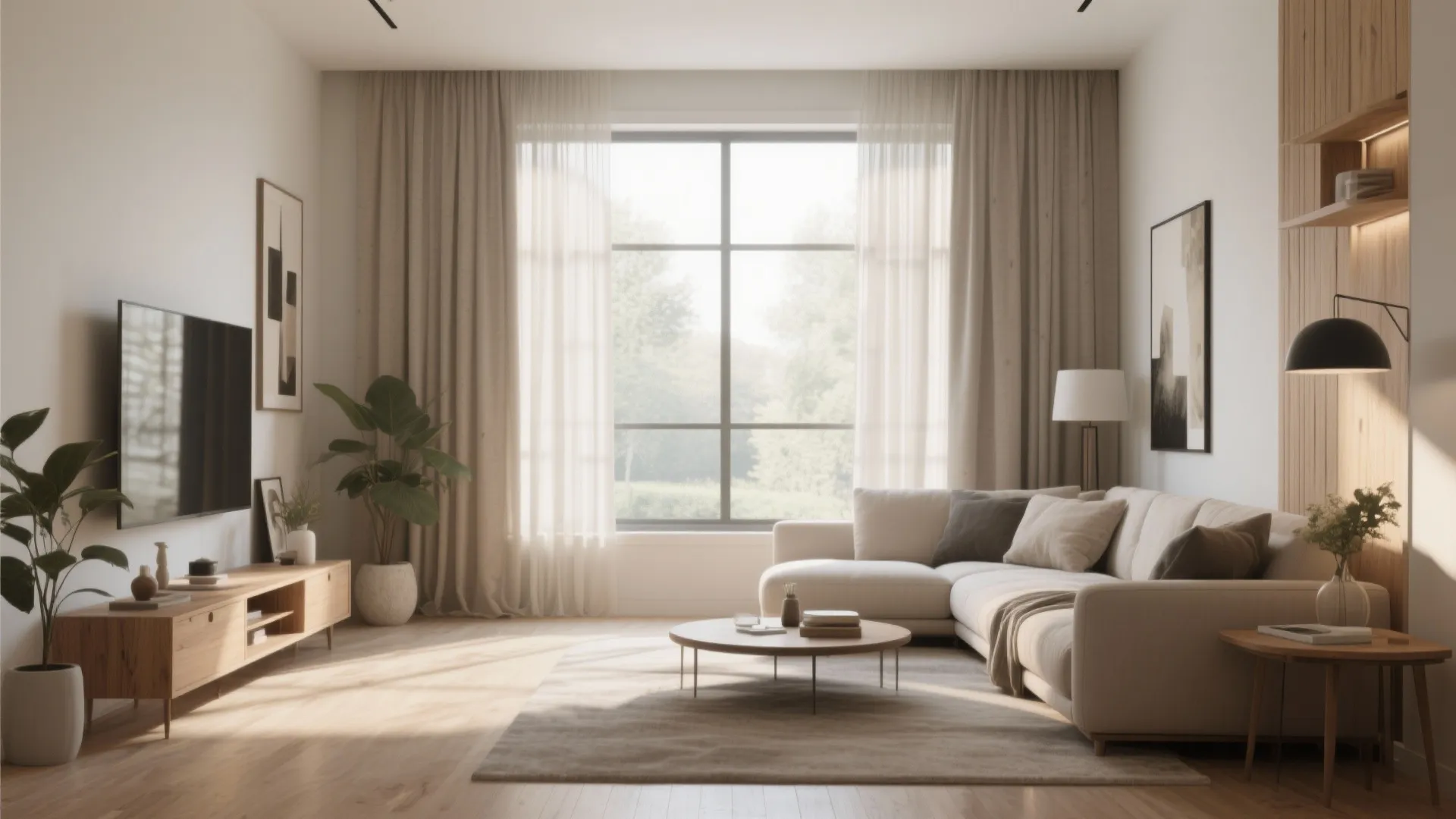 Modern living room with neutral curtains large window beige sofa wooden cabinet and floor lamp