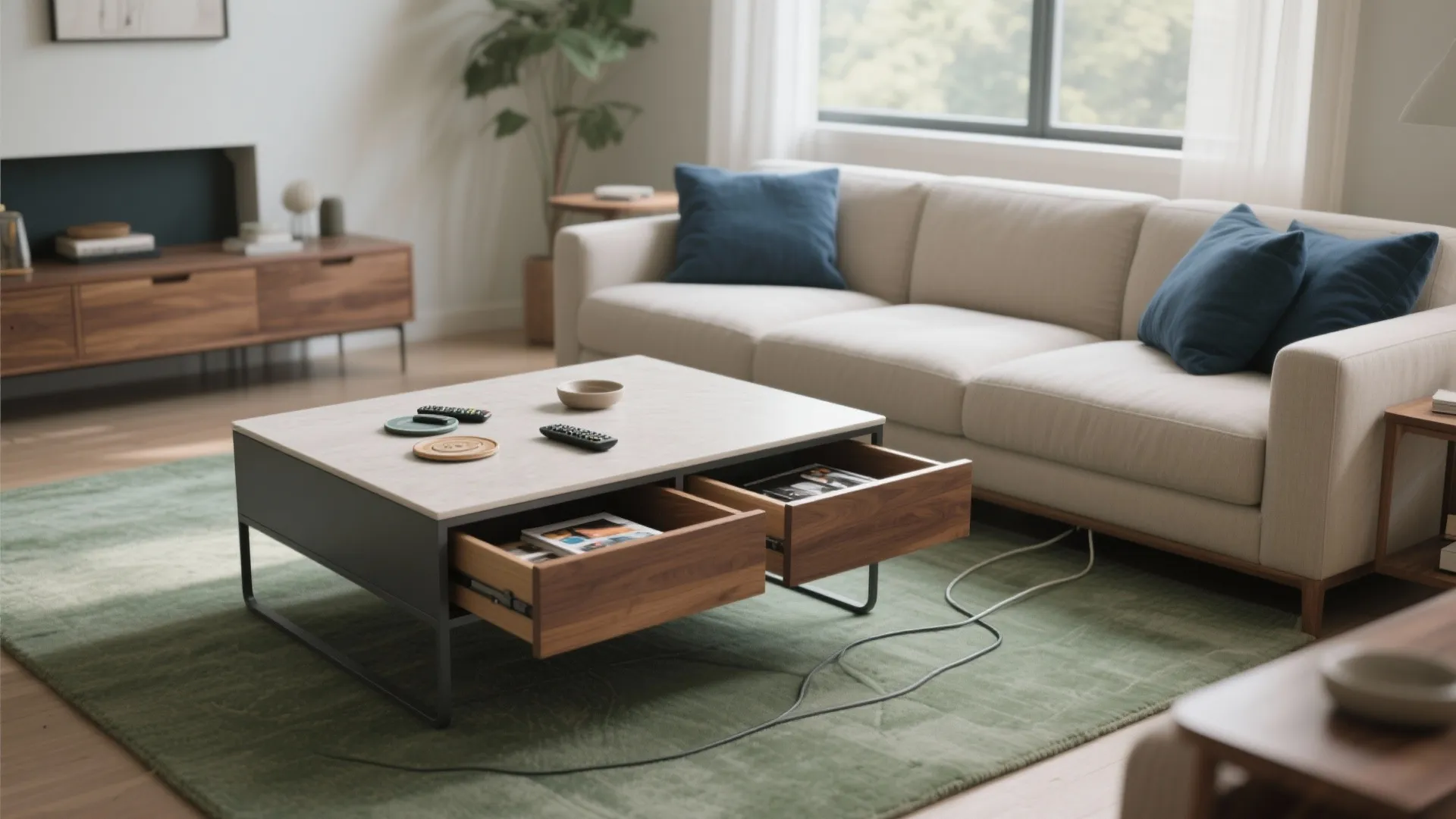 Modern living room with beige sofa blue cushions and coffee table having open wooden drawers