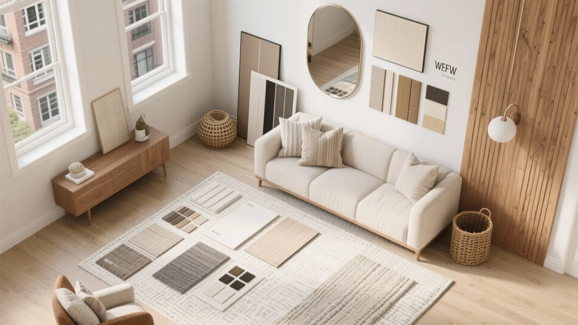 Flatlay of townhouse living room design materials and swatches