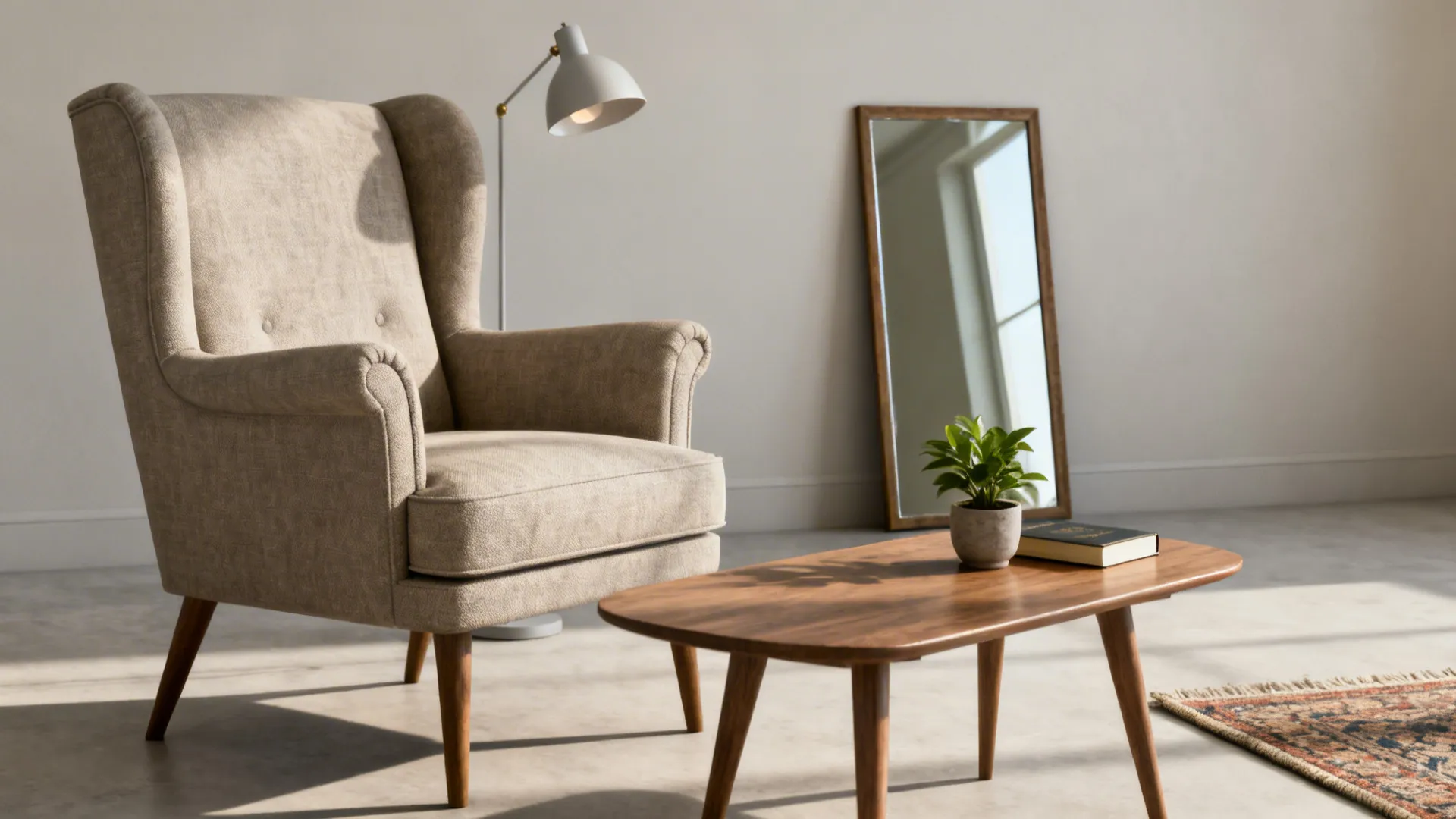 Essential living room items: armchair, reading lamp, coffee table, plant and mirror.