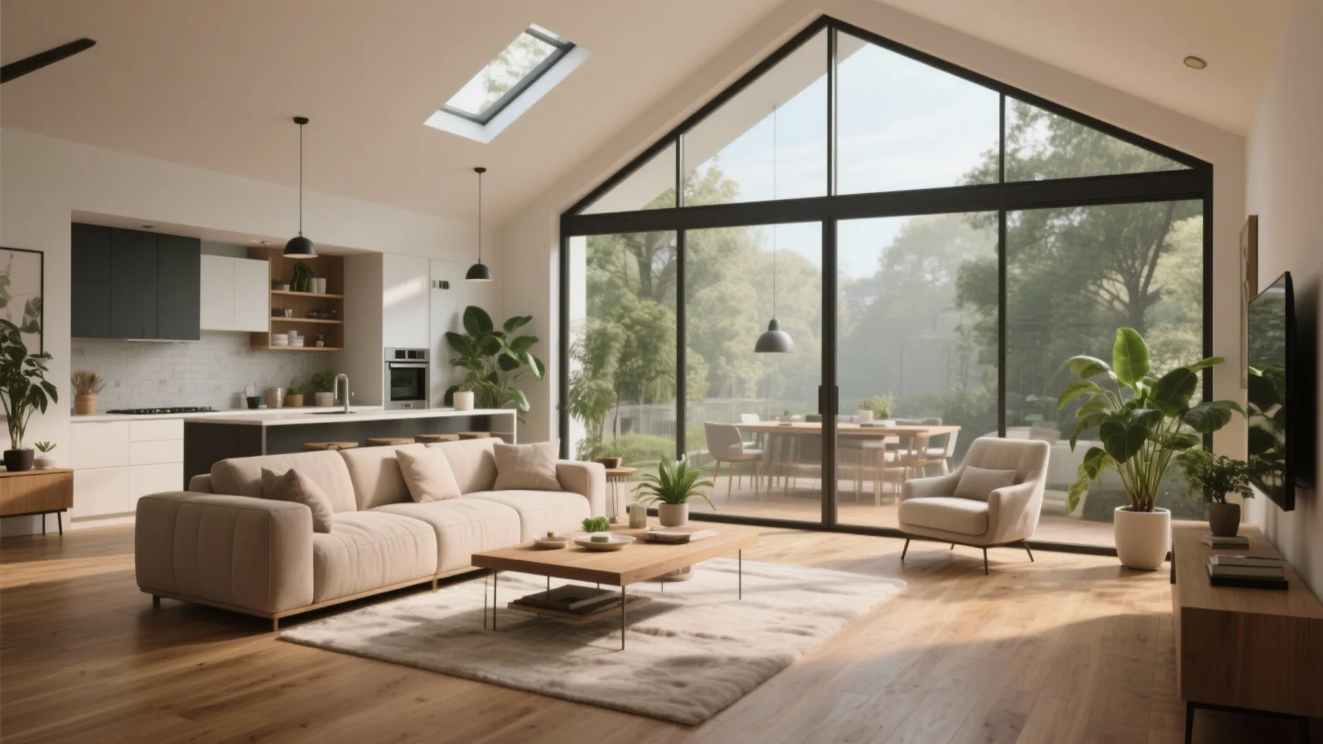 Open plan kitchen and living room with roof window large glass doors and garden view