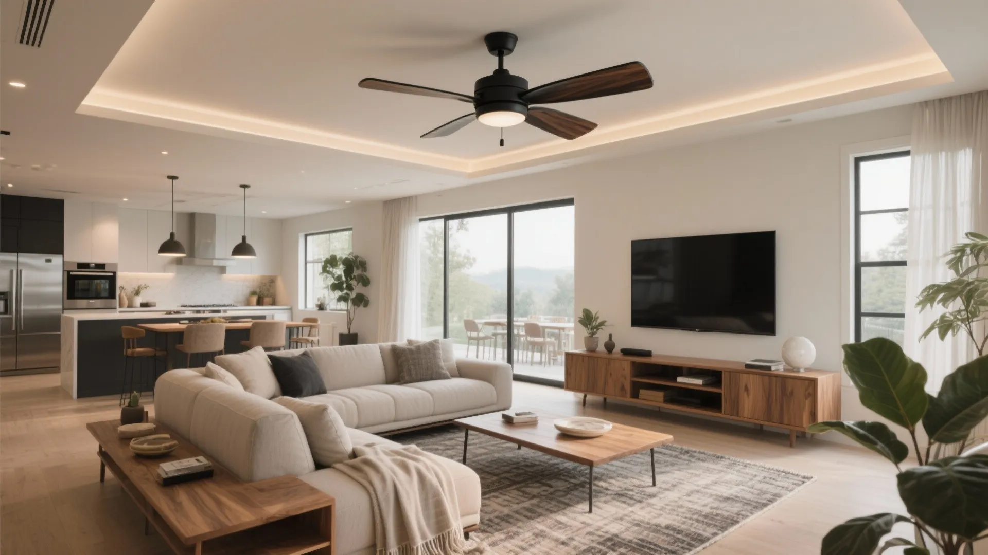 Modern living room with white sofa wooden cabinet large ceiling fan and open kitchen area