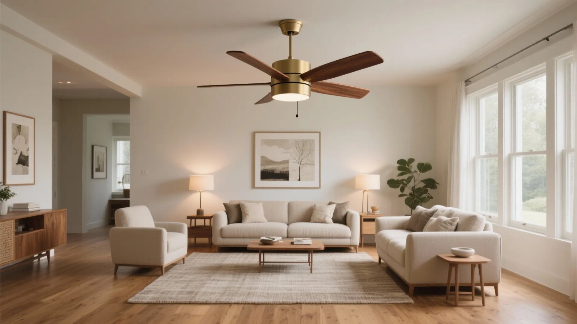 Modern bright living room featuring a brass ceiling light with fan blades and neutral furniture