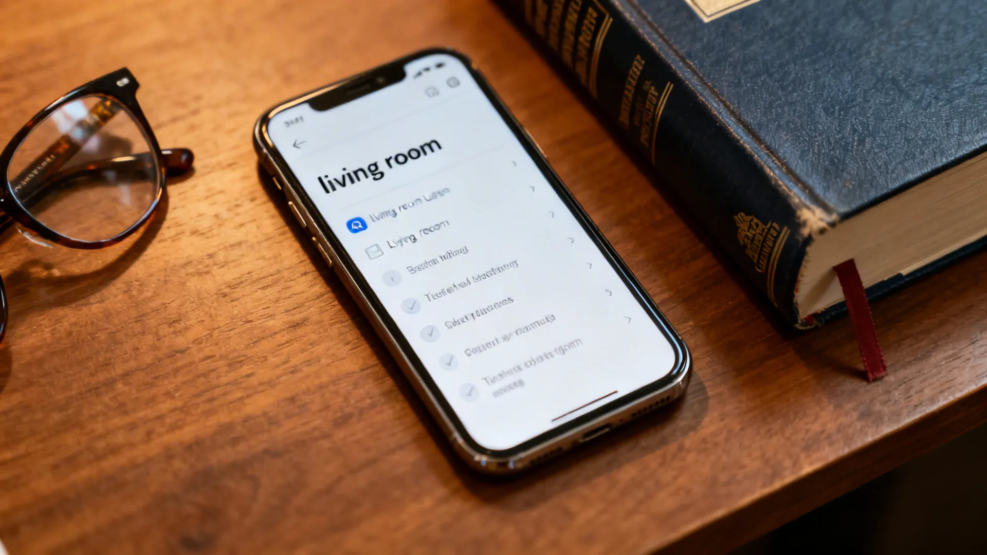 Flatlay of a smartphone showing FAQs about 'living room' usage beside a dictionary.