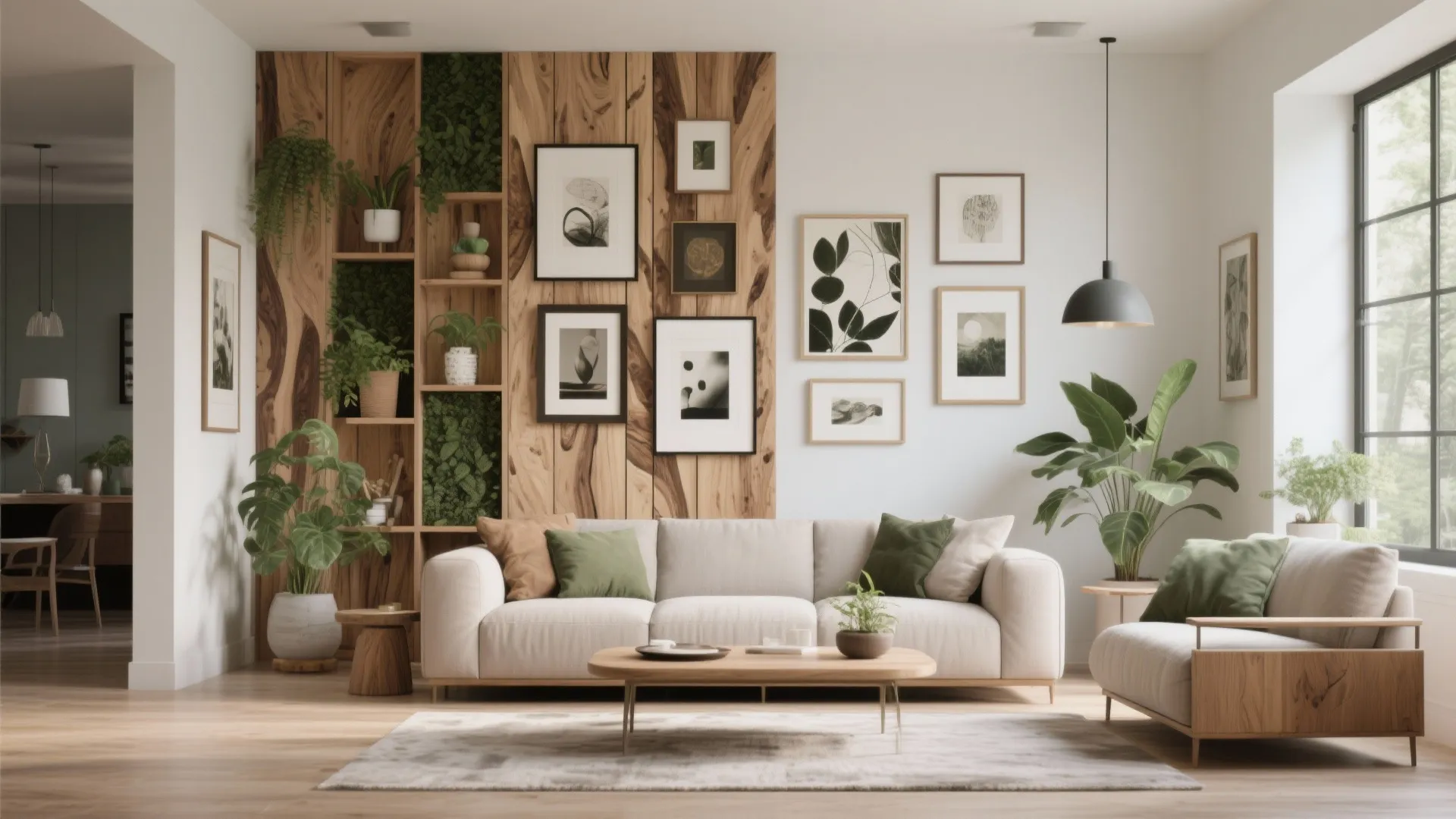 Cozy living room with wood wall panel plus framed pictures and many green indoor plants