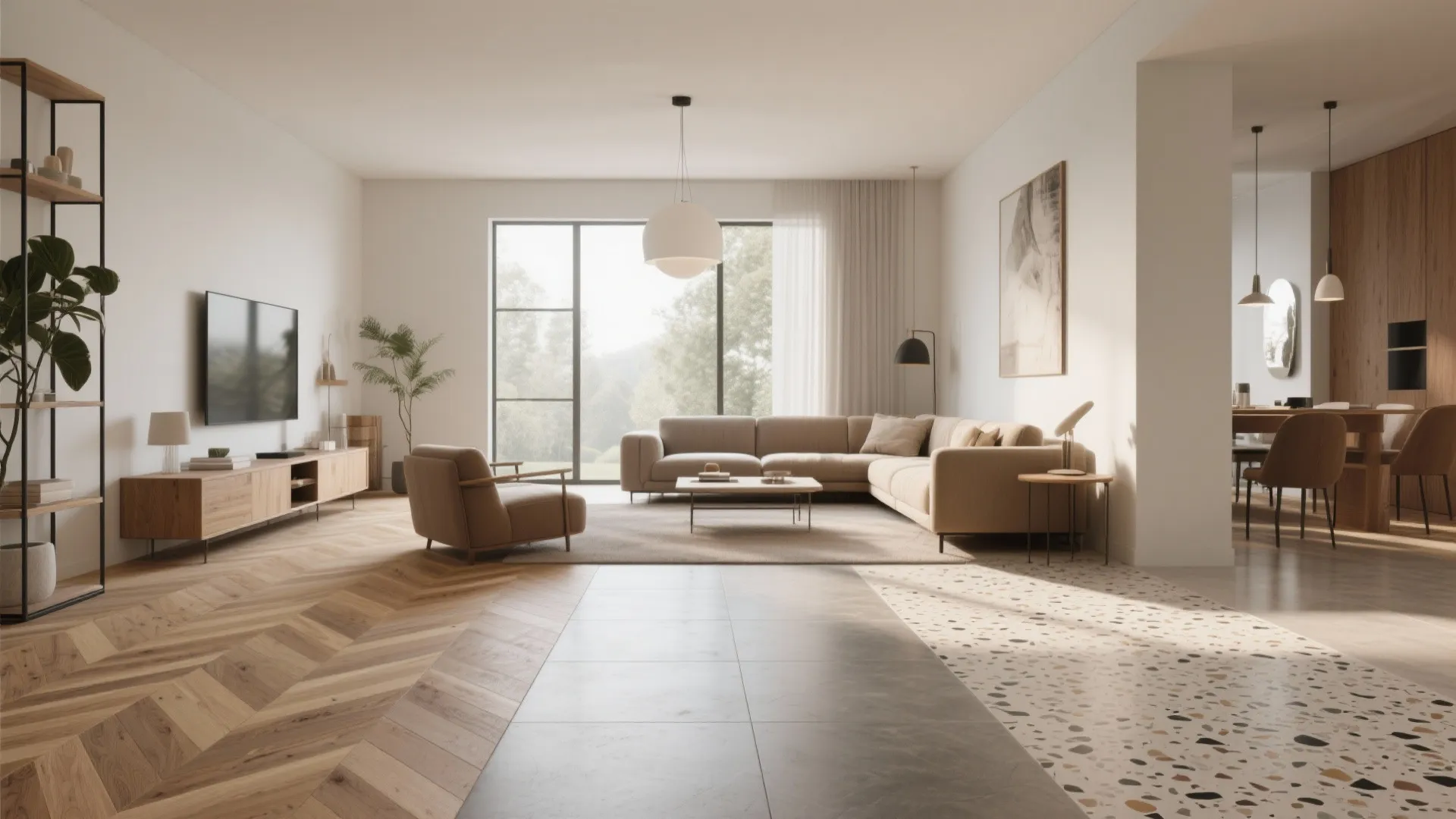 Modern open plan living room with beige sofa wood flooring large windows and round ceiling light