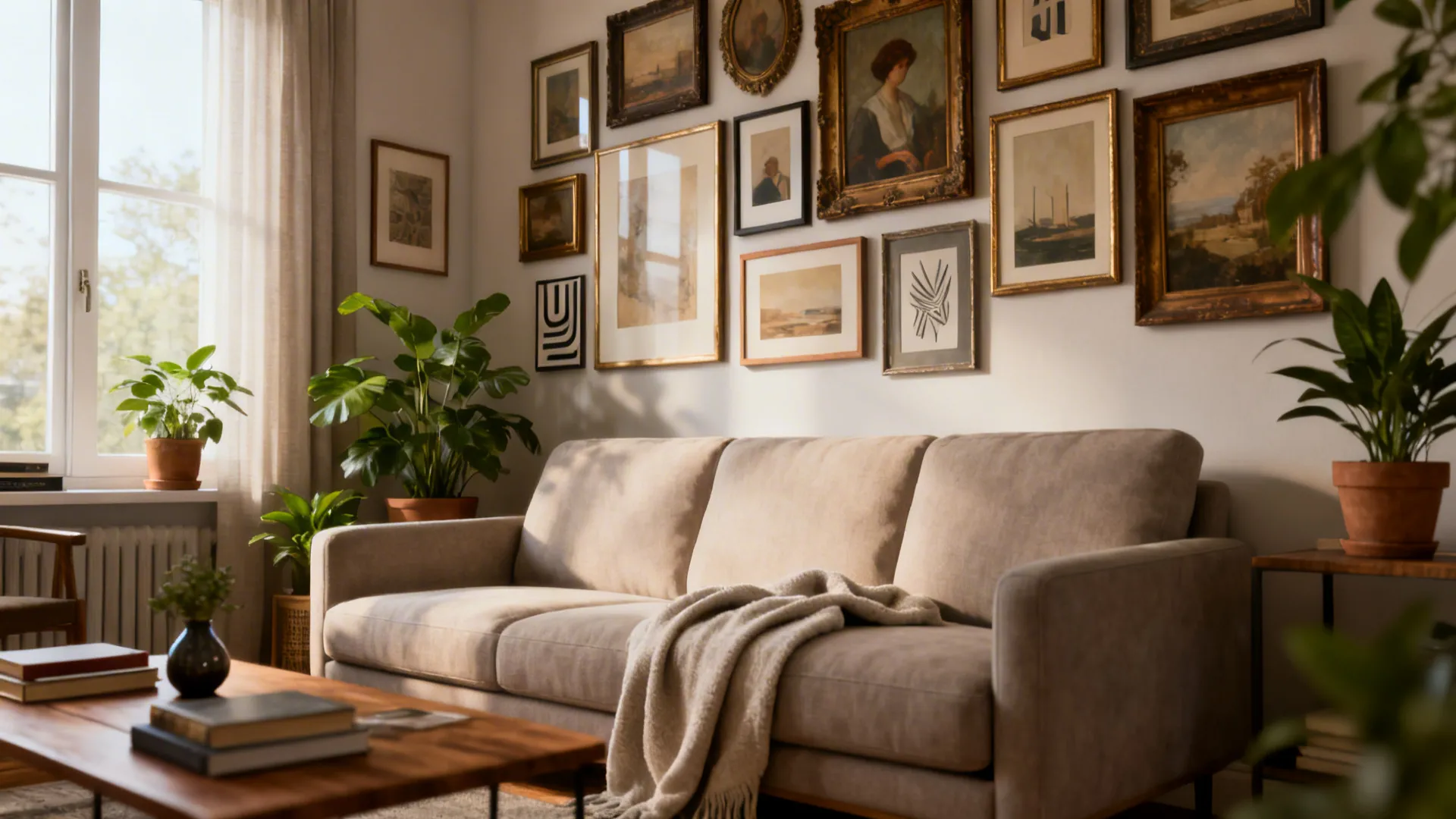 Living room gallery wall with many framed pictures above a beige sofa and green plants