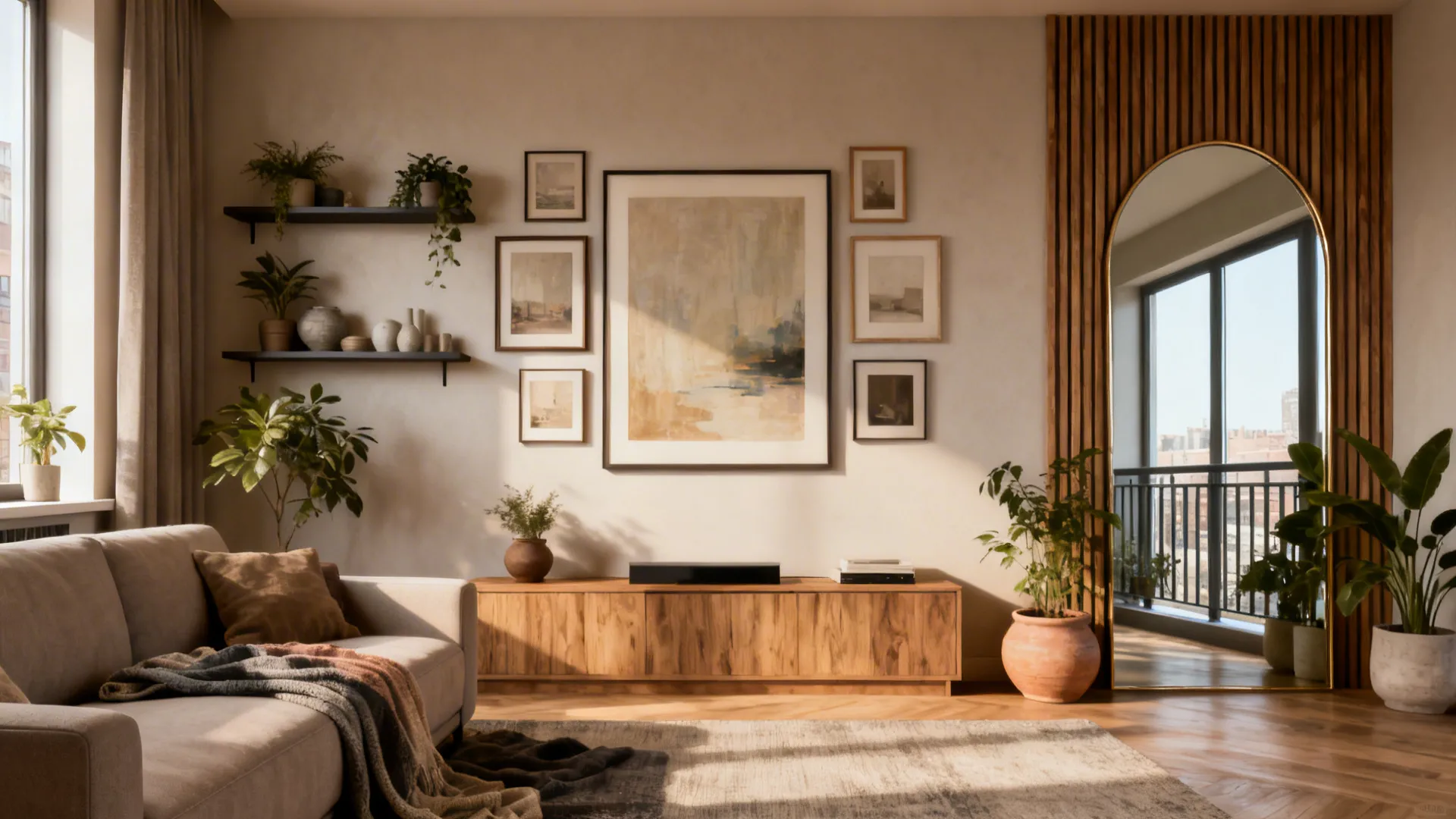 Modern living room with gallery wall wooden cabinet beige sofa green plants and arched mirror