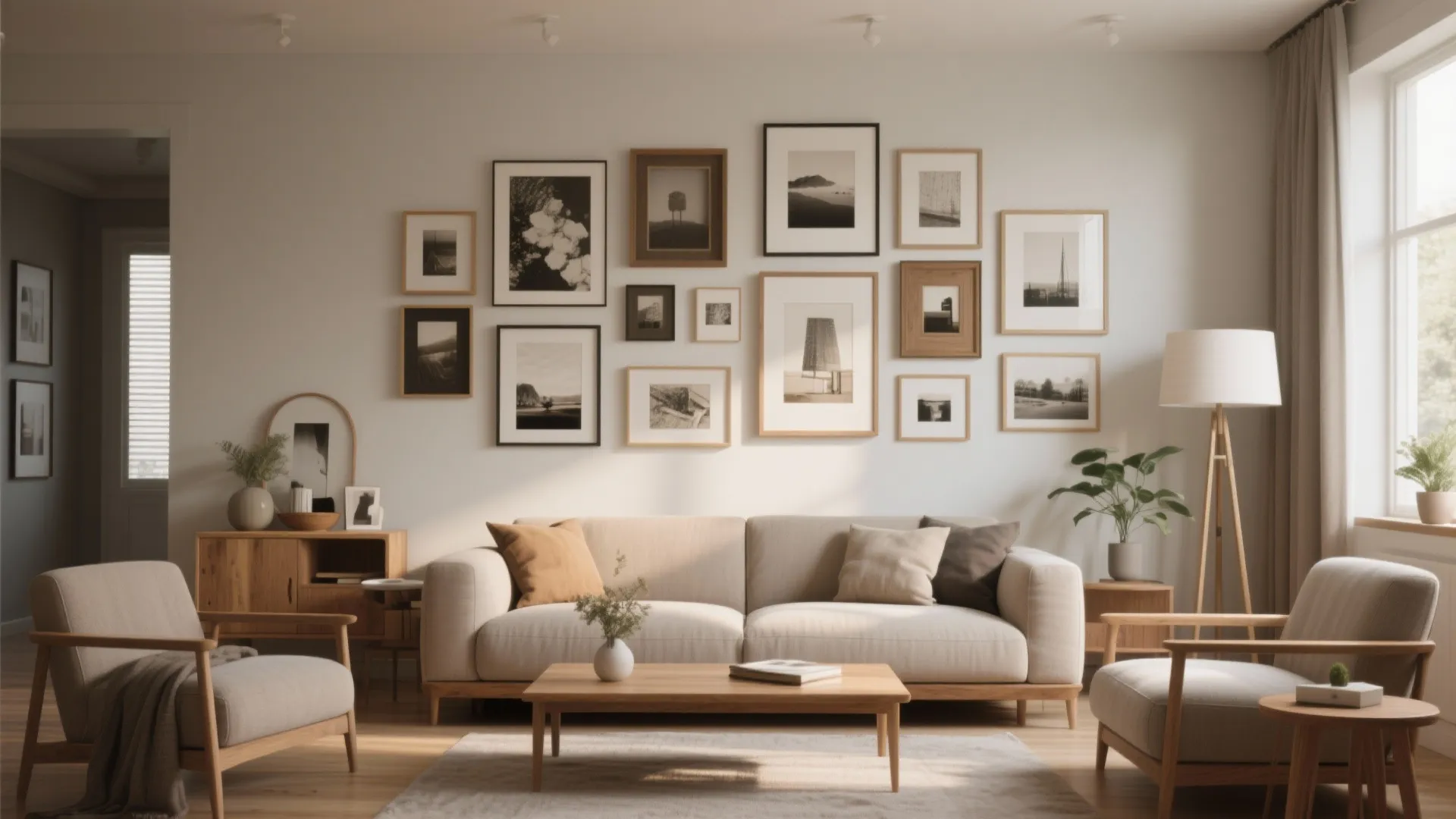 Bright living room featuring a gallery wall with many black and wood framed picture frames