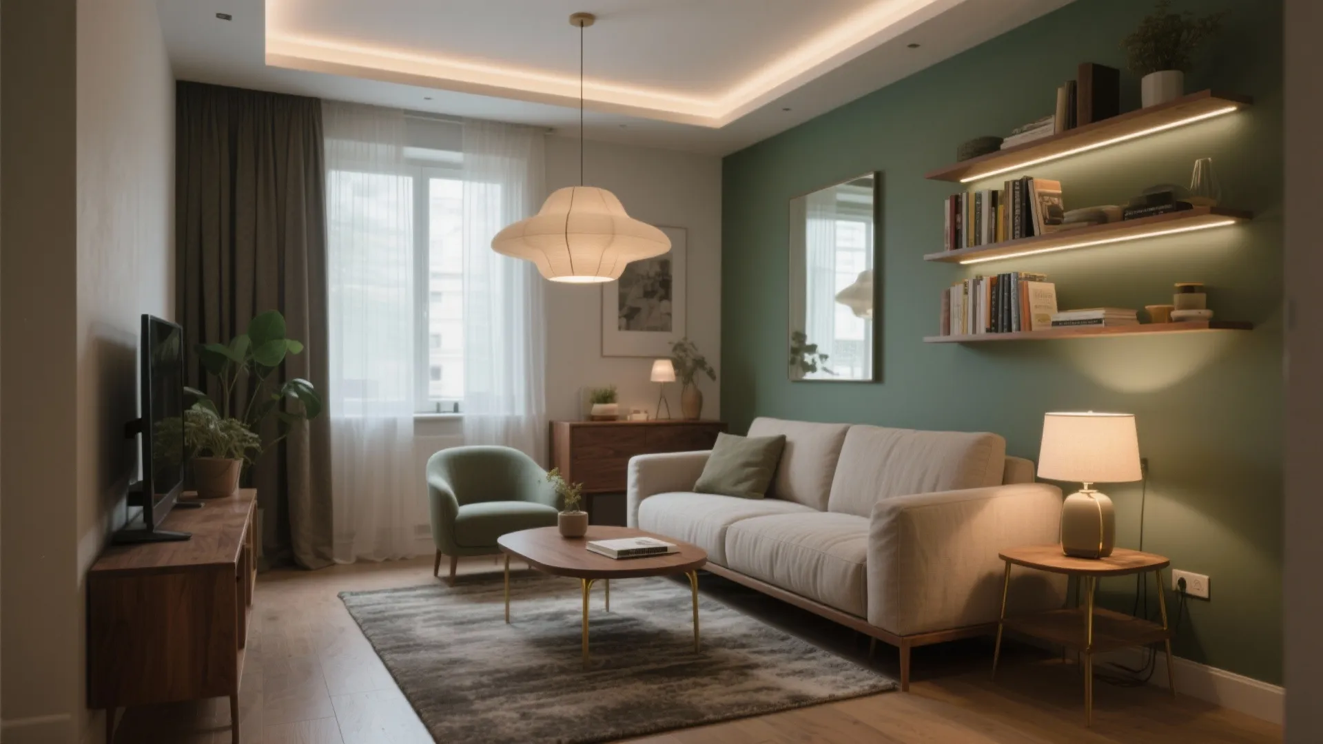 Modern living room featuring a beige sofa green wall wooden shelving and warm ceiling light