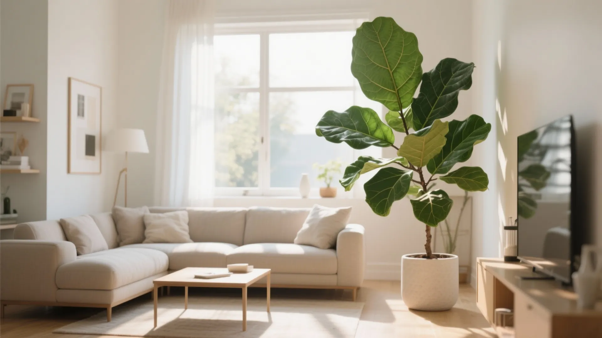 Living room with large potted plant adding freshness