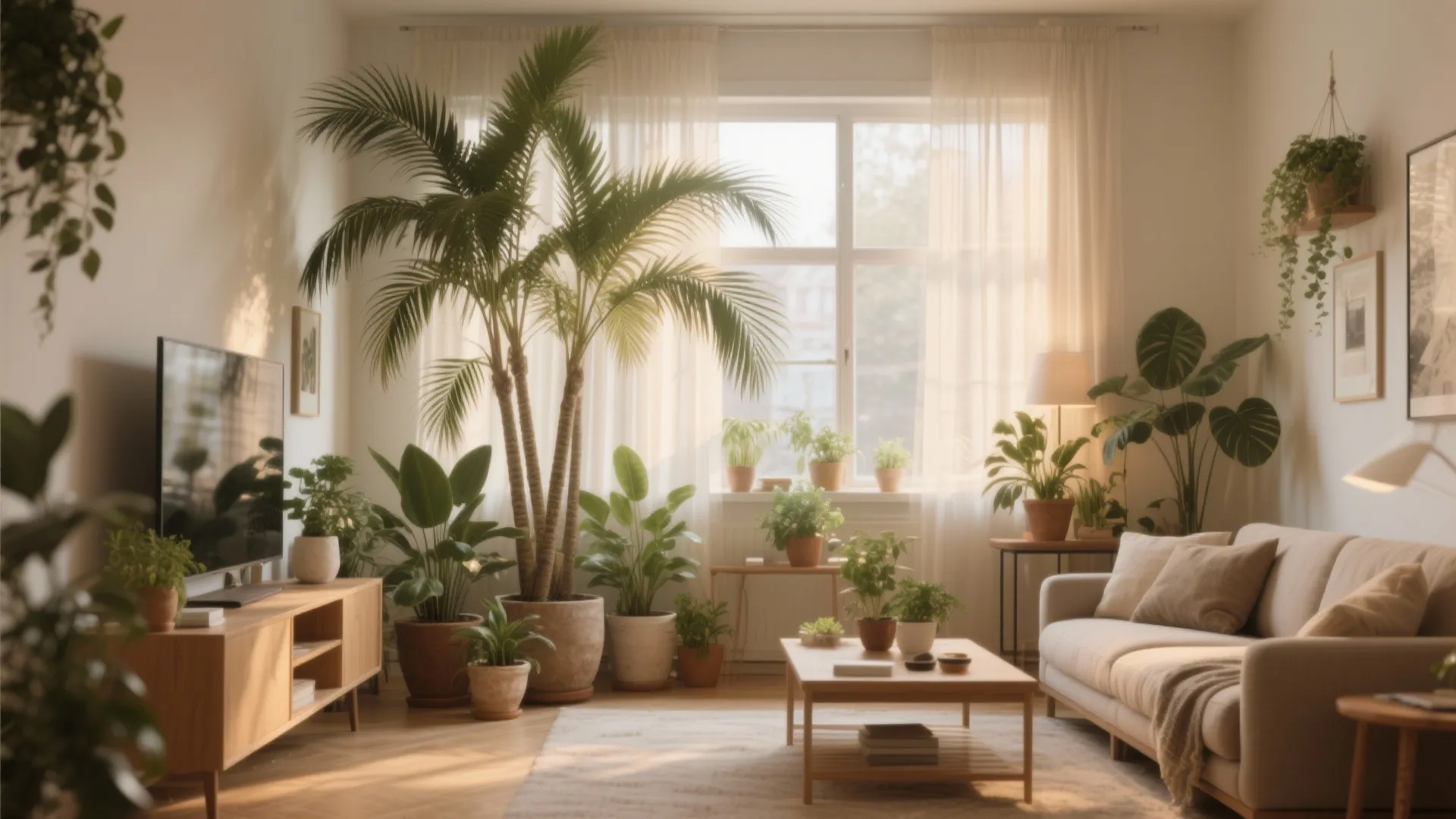 Bright living room filled with indoor green plants, large palm tree, wooden cabinet, and curtains