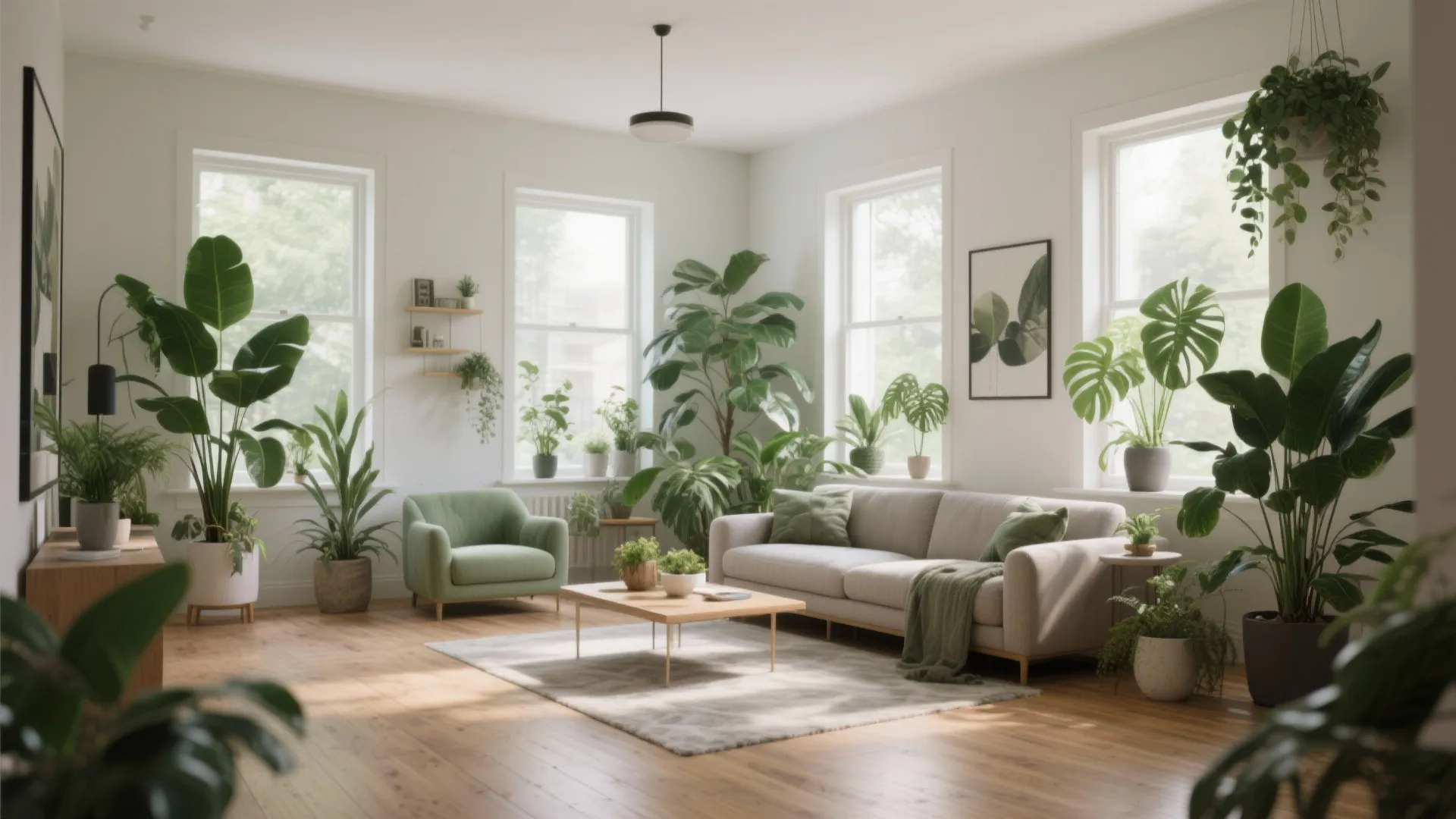Bright living room with many green plants, grey sofa, wooden floor, and large white windows
