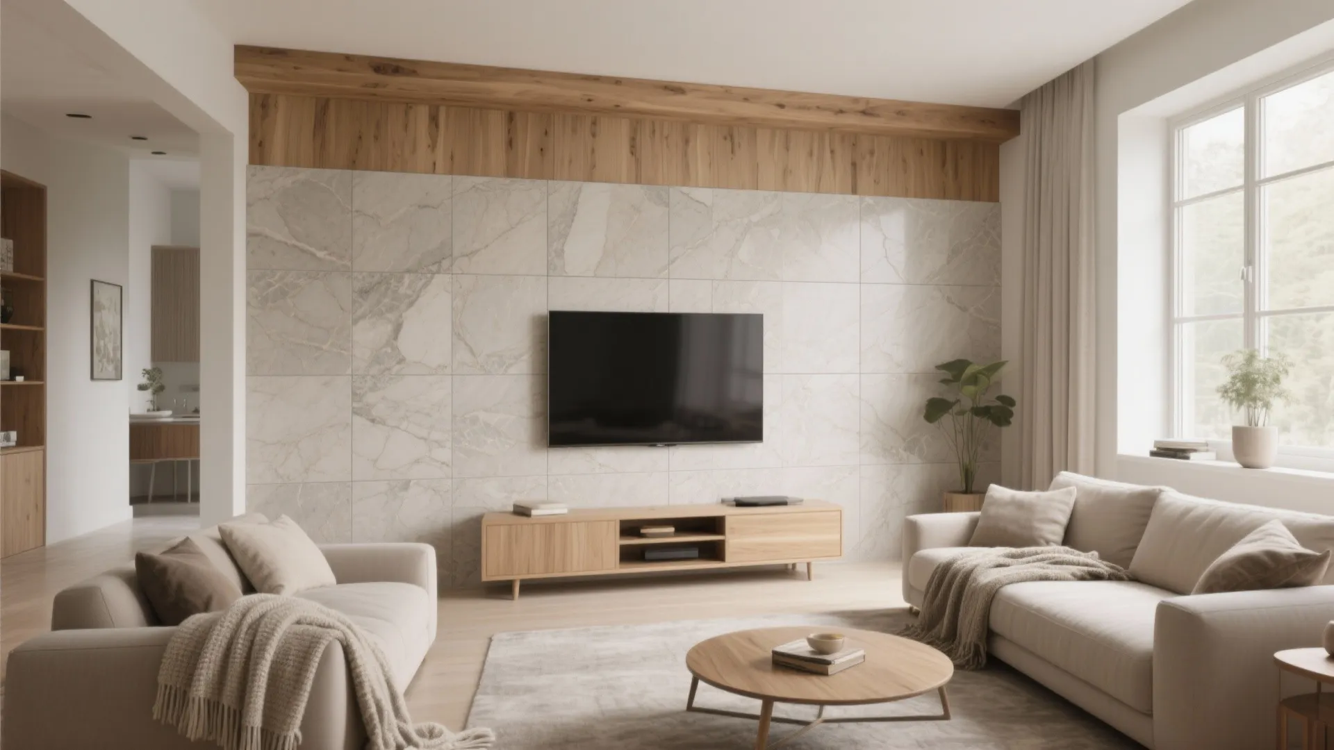 Modern living room with stone wall tiles wooden beam cream sofas television and large window