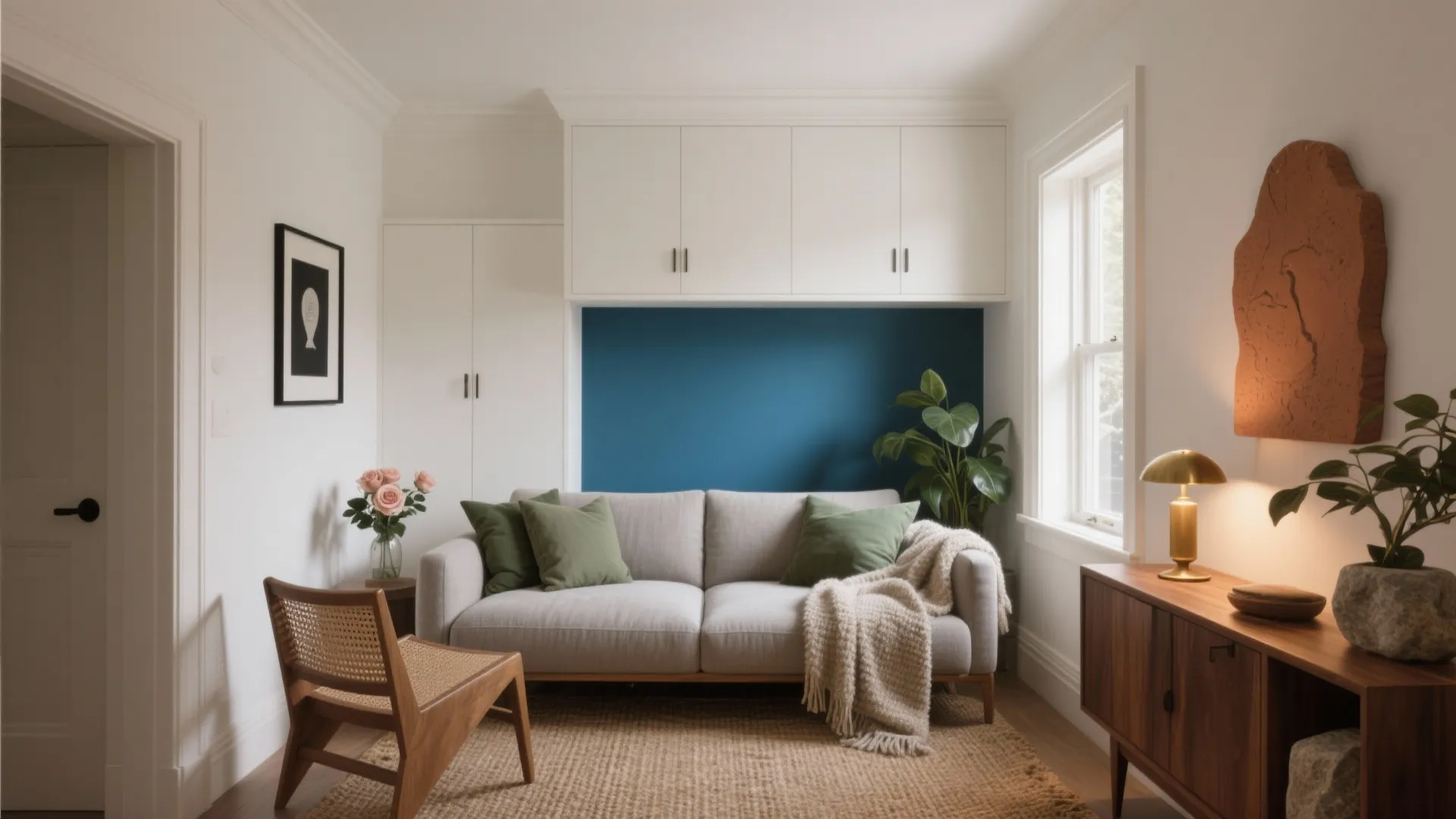 Small living room with grey sofa, blue wall section, white cabinets, and a wooden chair