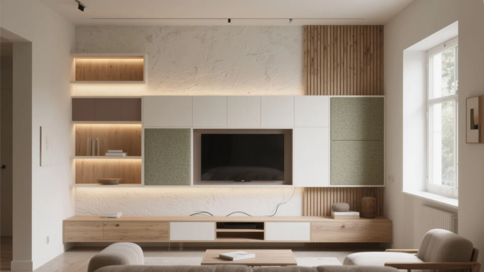 Modern living room wall with built in TV, white cabinets, wood panels, and warm shelf lighting