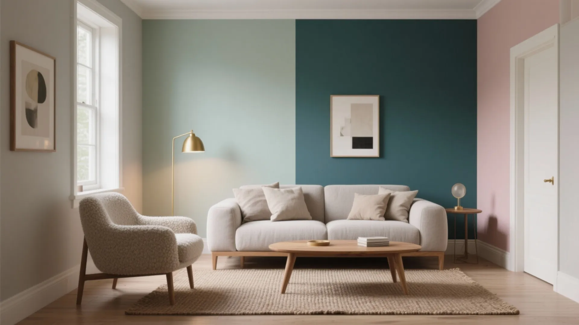 Modern living room featuring a grey sofa wooden coffee table gold floor light and windows