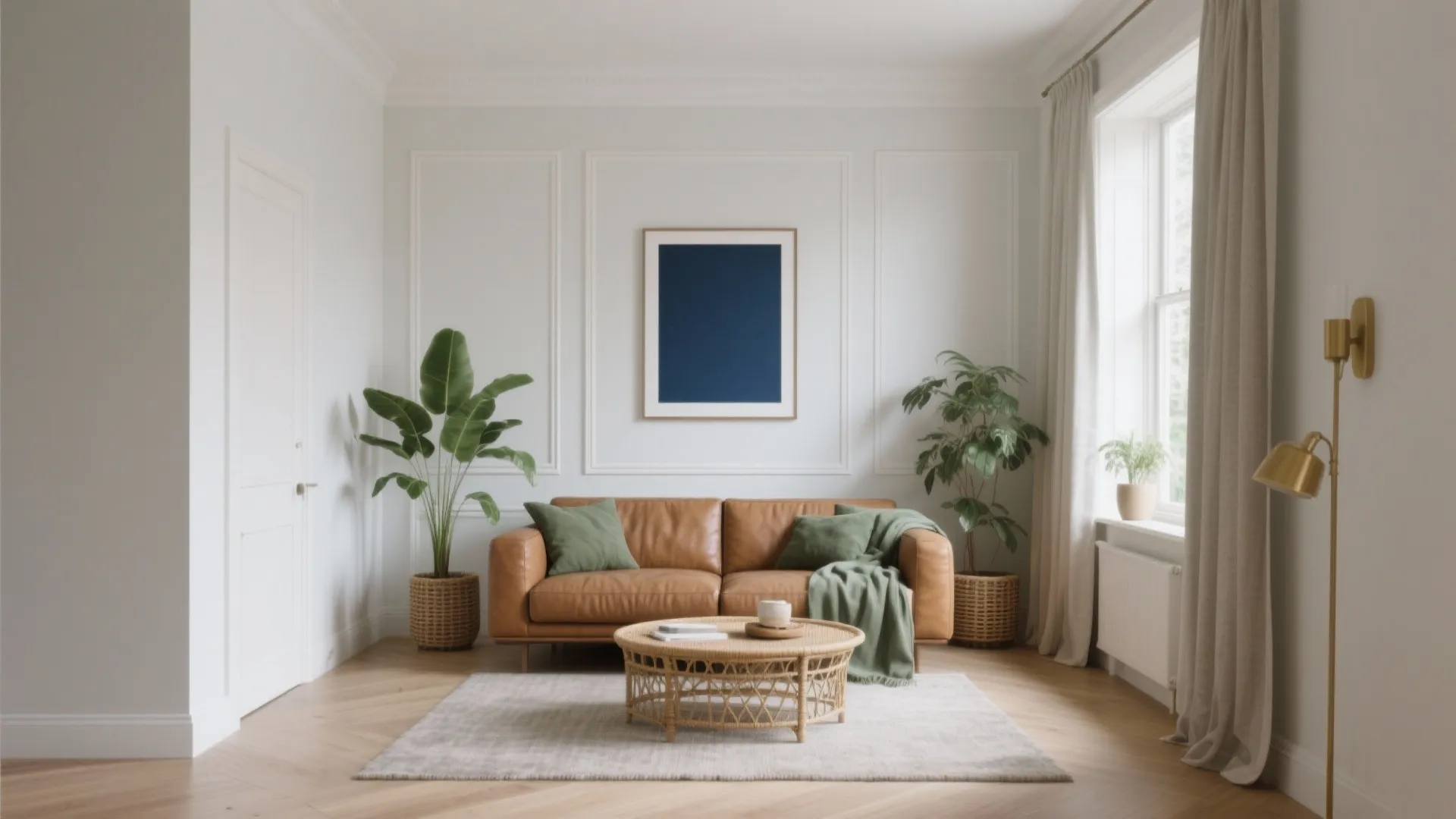 Minimalist living room featuring brown leather sofa rattan coffee table blue wall art and floor lamp