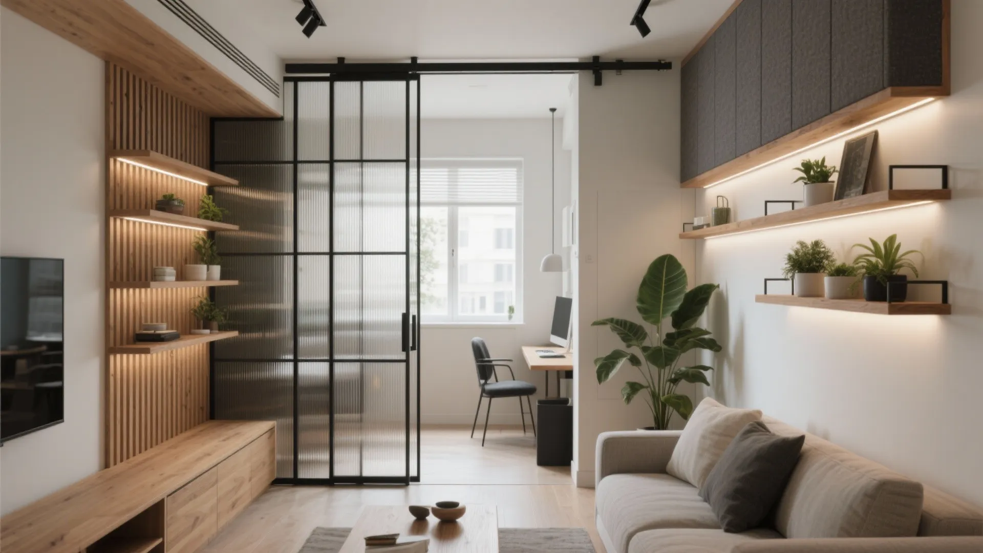 Small living room featuring sliding glass door wooden wall shelves sofa and home office area