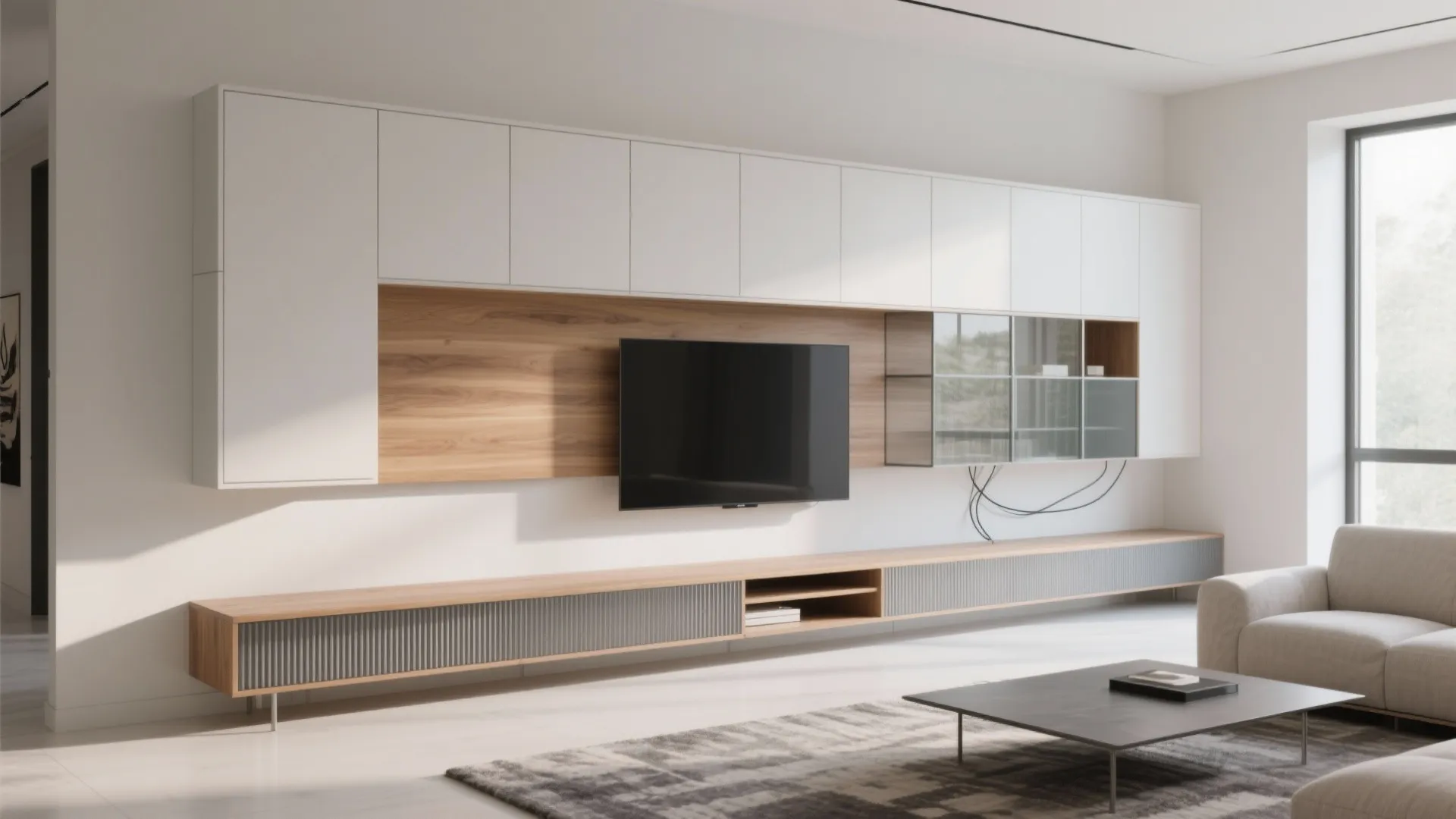 Modern living room with television on wood panel white cabinets grey sofa and low table