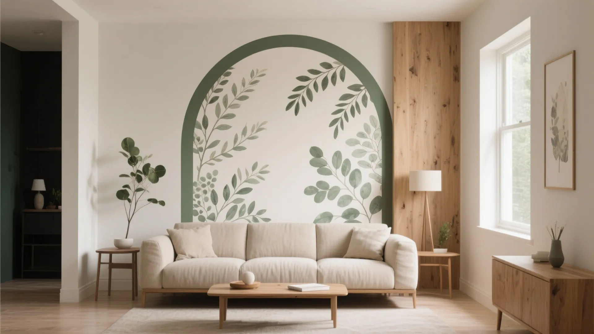 Modern living room with beige sofa green leaf wall mural wood paneling and natural light
