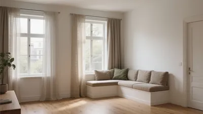 Cozy Corner Living Room with Built-In Bench & Natural Light