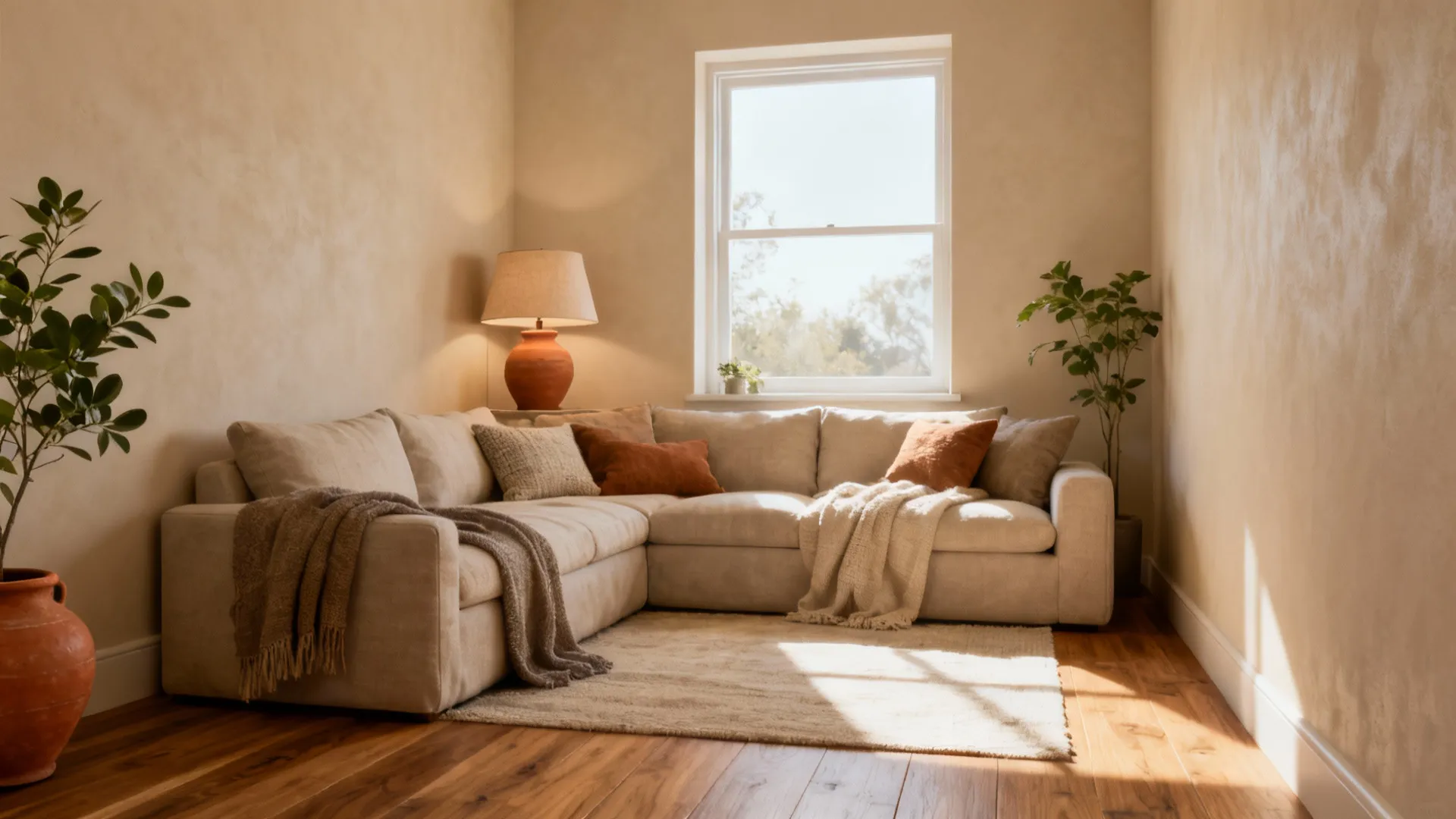 Warm living room with a beige corner sofa table lamp indoor plants and bright window