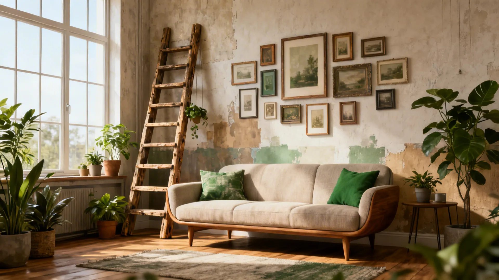 Rustic living room with beige sofa green pillows wooden ladder and many small framed pictures