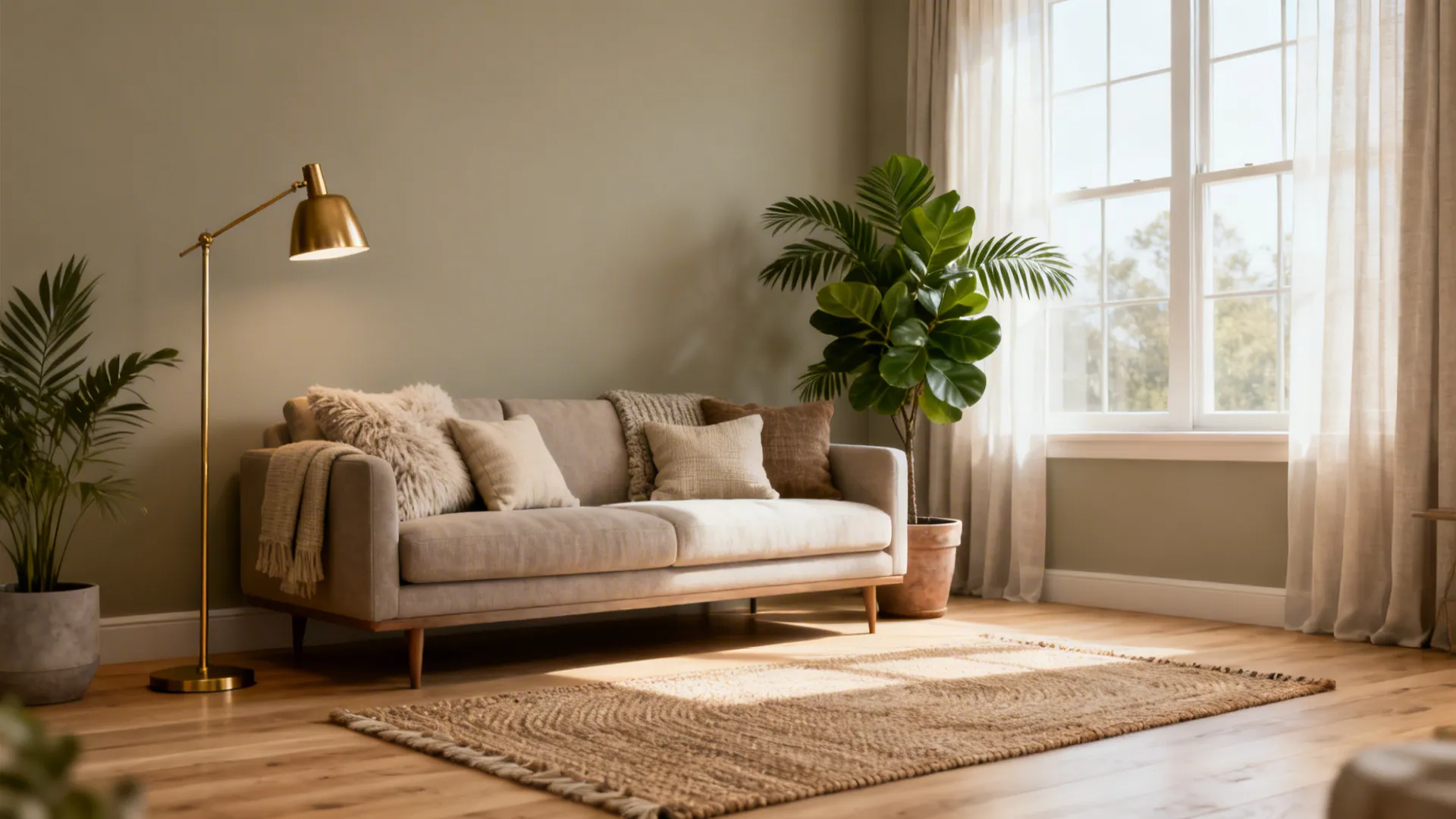 Cozy living room featuring beige sofa gold floor light woven rug and large potted palm tree