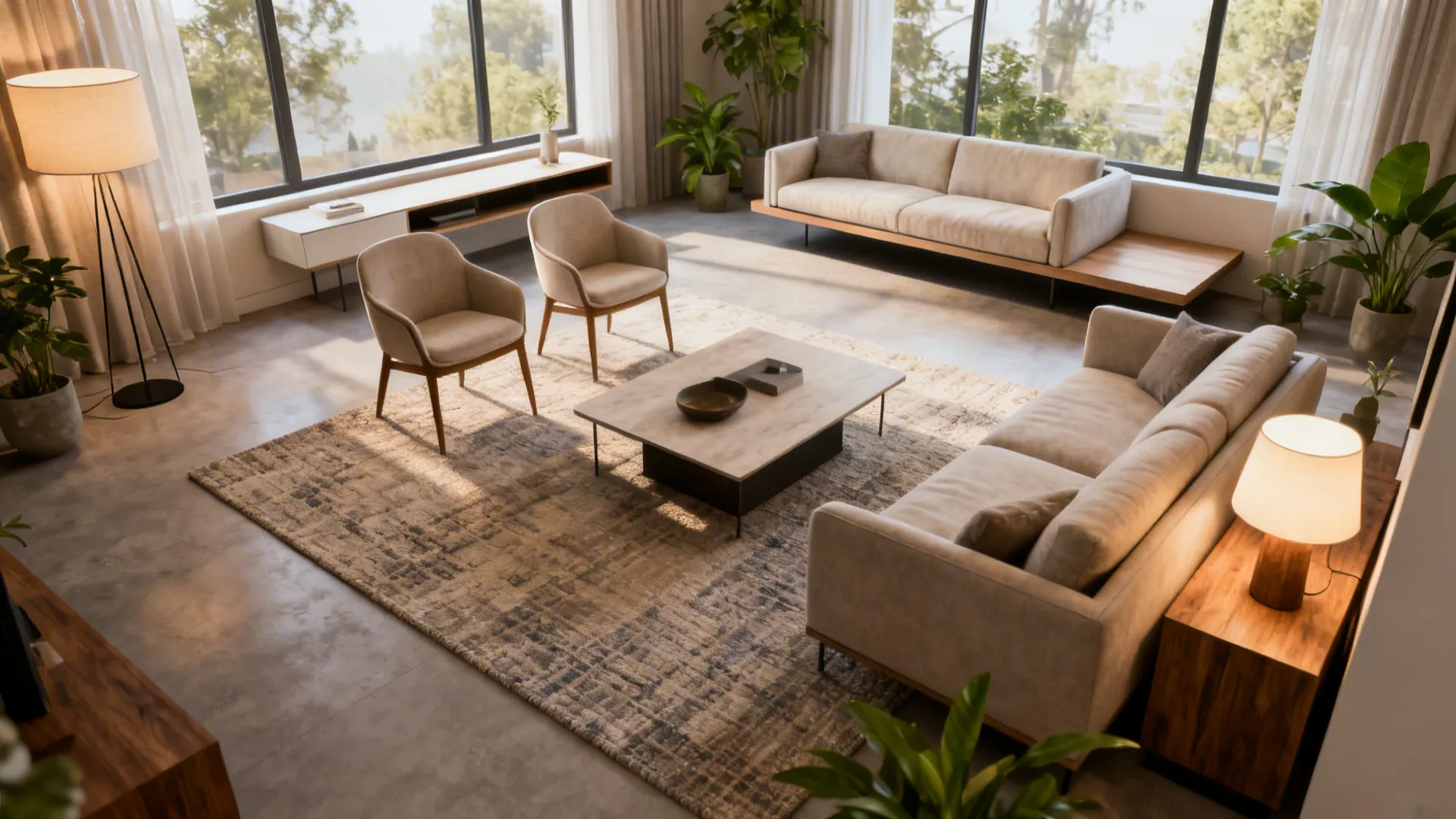 Modern bright living room featuring beige sofas wooden furniture large windows green plants and natural light