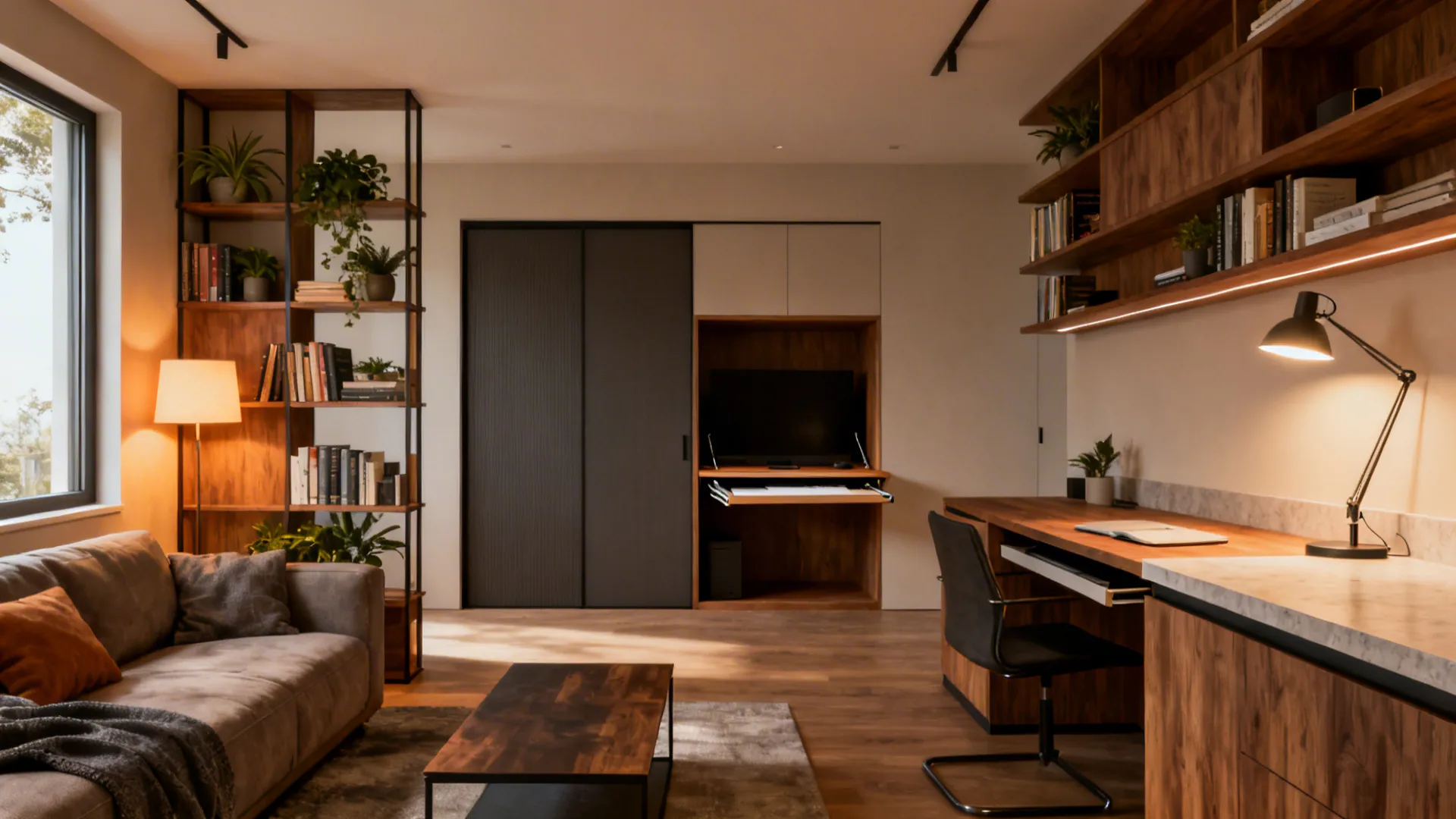Modern living room home office with brown sofa wooden desk and tall open wooden shelves