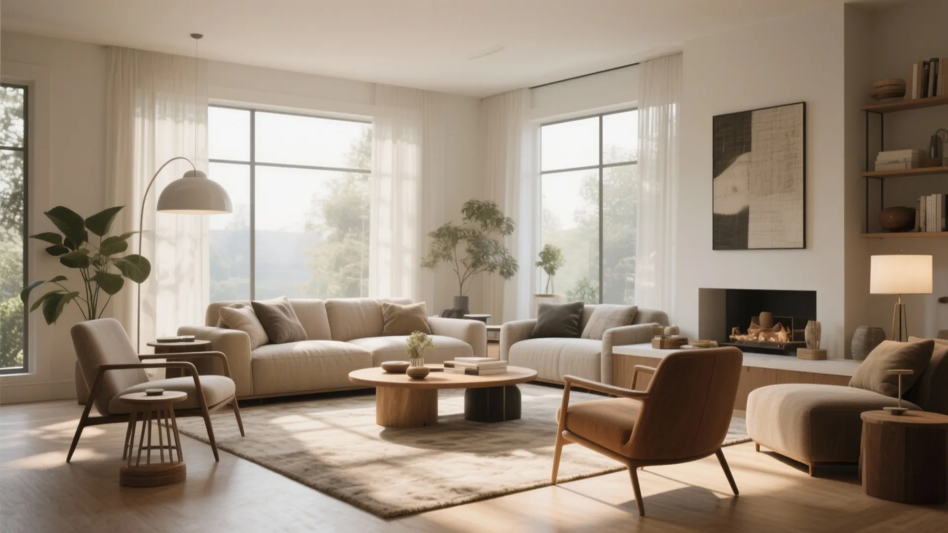 Modern warm living room with beige sofas fireplace wooden coffee table and large windows with curtains